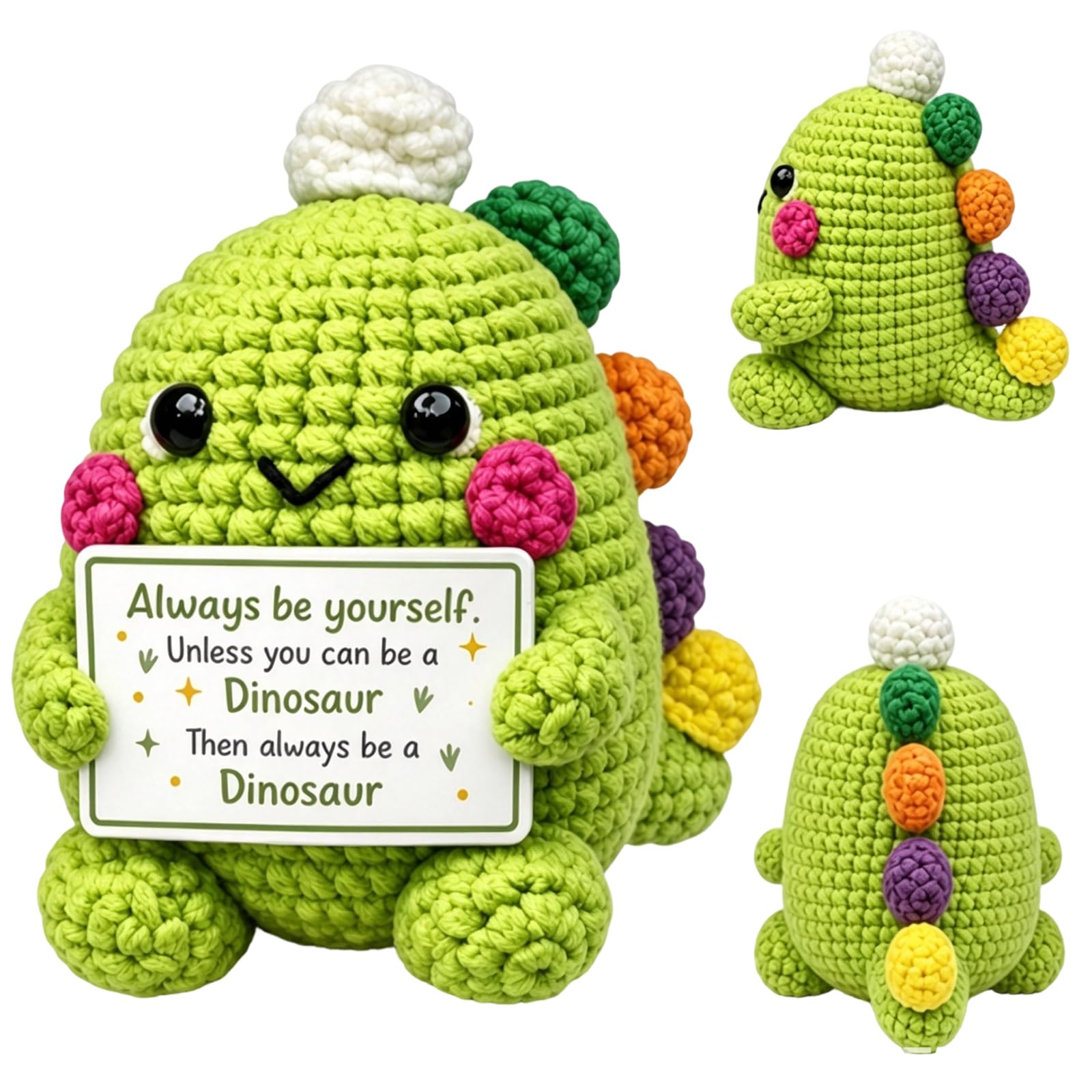 CtiUjdx 1Pcs Emotional Support Crochet,Crochet Animals with Message, Dinosaur Gifts for Adults,Emotional Support Crochet for Desk Decor and Stress Relief, Handmade Dinosaur Plush for Positive Vibes