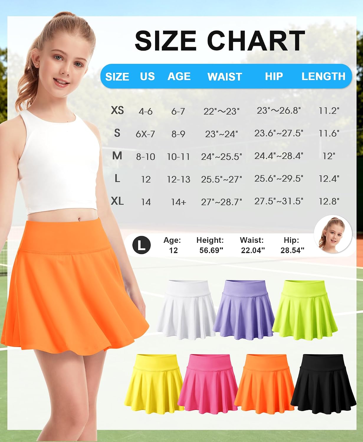 QooNoo Girls Skirts Tennis Skirt Athletic Skorts for Kids with Pocket Inner Shorts for Sports Golf Running Skirt 4-14Y