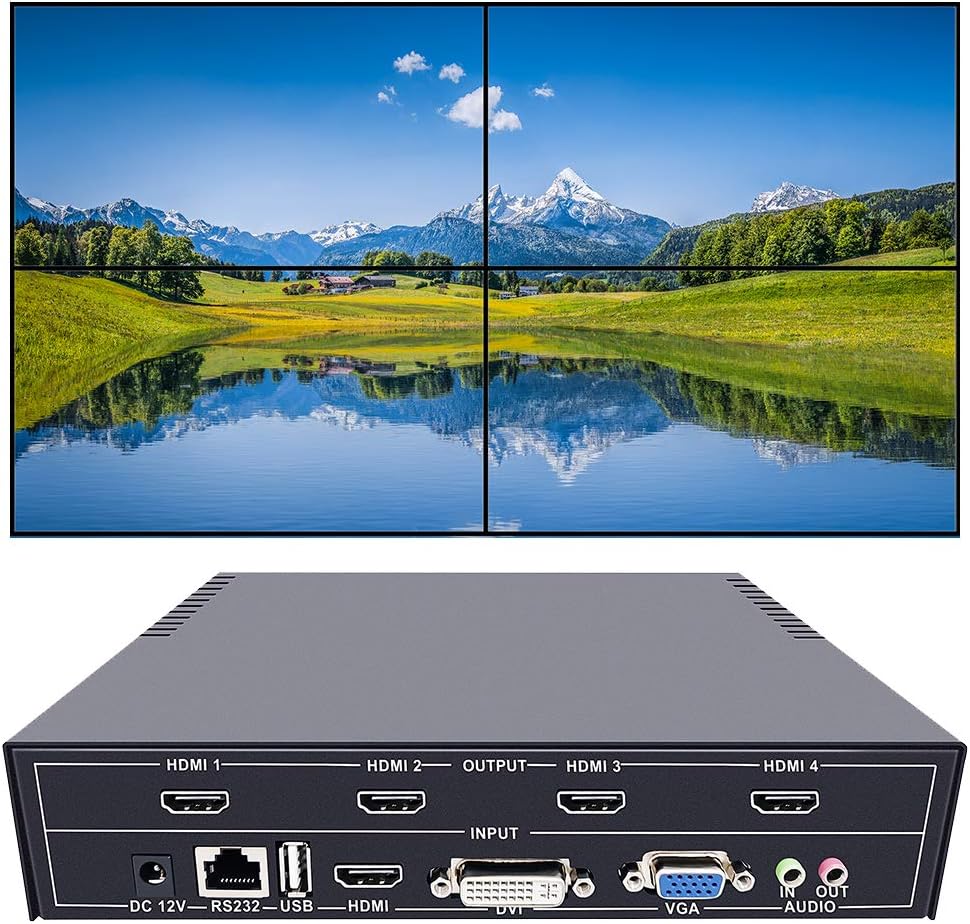 4 Channel Video Wall Controller 2x2 HDMI DVI VGA USB Video Processor with RS232 Control for 4 TV Splicing