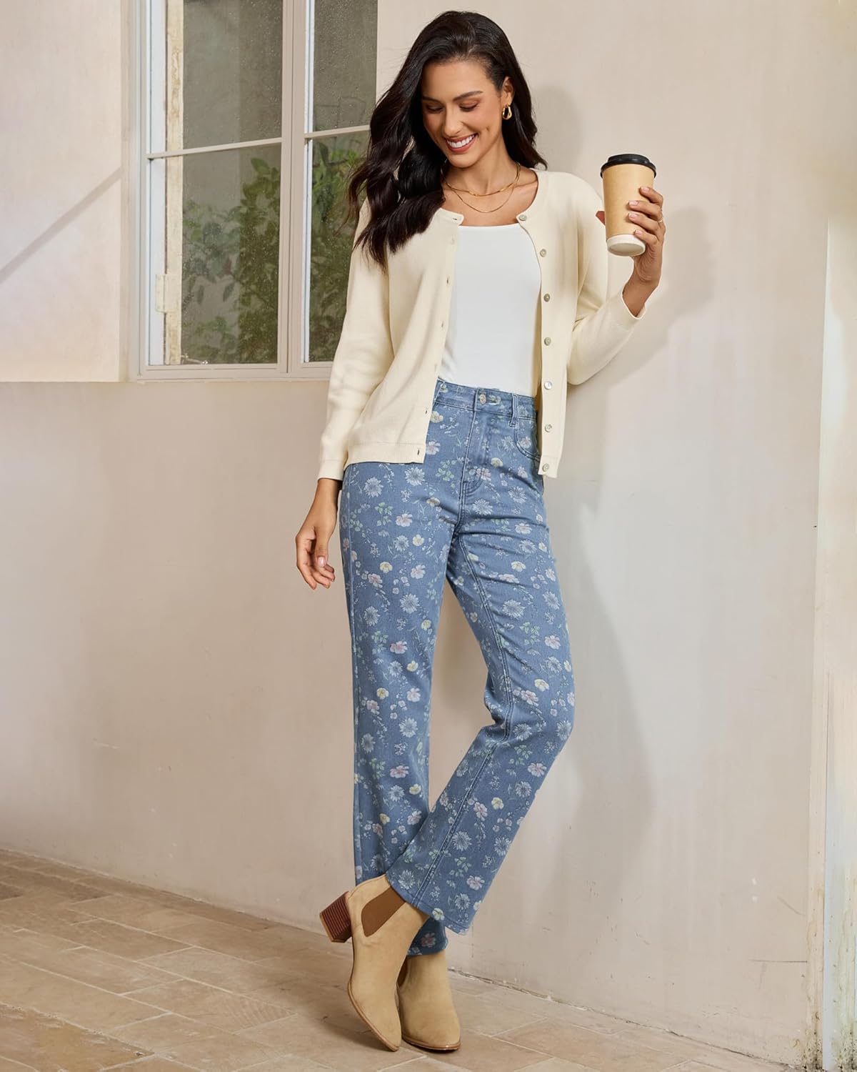 luvamia Straight Leg Jeans for Women Floral Printed High Waisted Trendy Cute Vintage Stretchy Denim Pants Boho Jeans