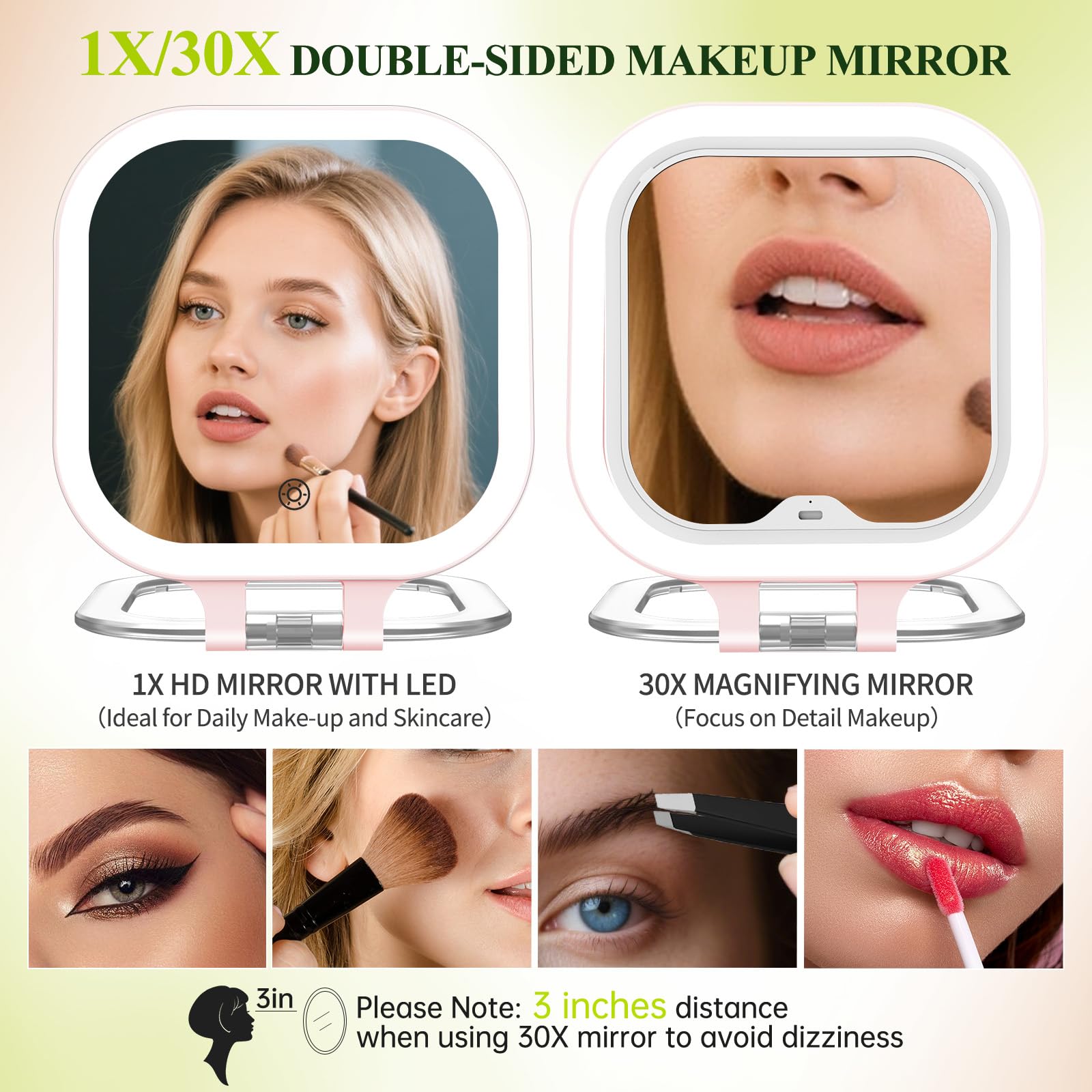 FUNTOUCH Miroir de maquillage éclairé avec grossissement x30, 17,8 cm, rechargeable double face, miroir de courtoisie de voyage avec lumières, 3 lumières de couleur et luminosité réglable, rotation à