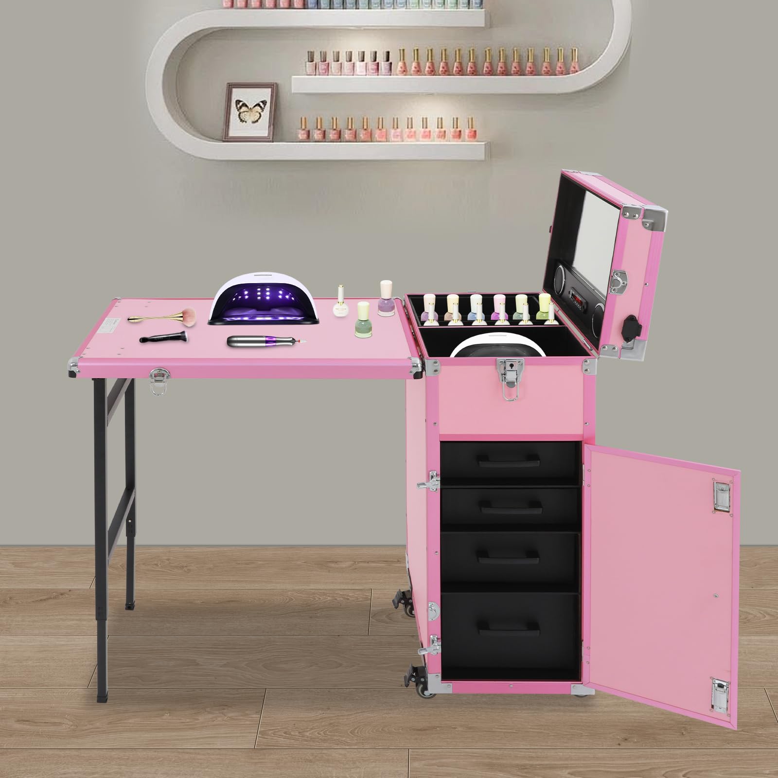Tavolo per unghie professionale portatile, pieghevole da viaggio, con altoparlante Bluetooth e specchio, ruota universale a 360°, carrello cosmetico, organizzatore di immagazzinaggio (rosa)