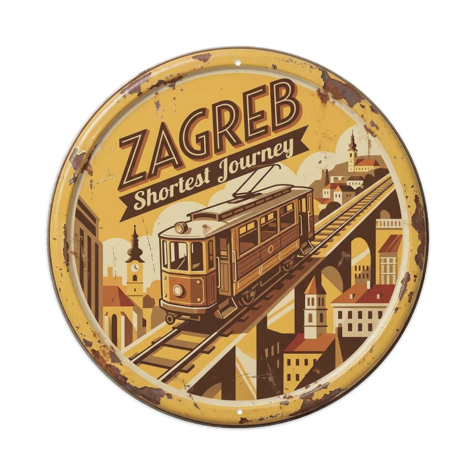 Funicular Ascending Stairway Railway Metal Tin Sign Plaque Wall Decor for Cafe, Club, Garden Round Metal Poster 8x8Inch