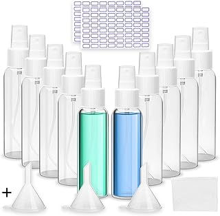 مجموعة 10 قطع من زجاجات بخاخة بلاستيكية سعة 100 مل، شفافة برذاذ ناعم، زجاجات سائل صغيرة قابلة لإعادة التعبئة للسفر مع 3 أقماع و64 ملصق. من بي تي اف-زد دي