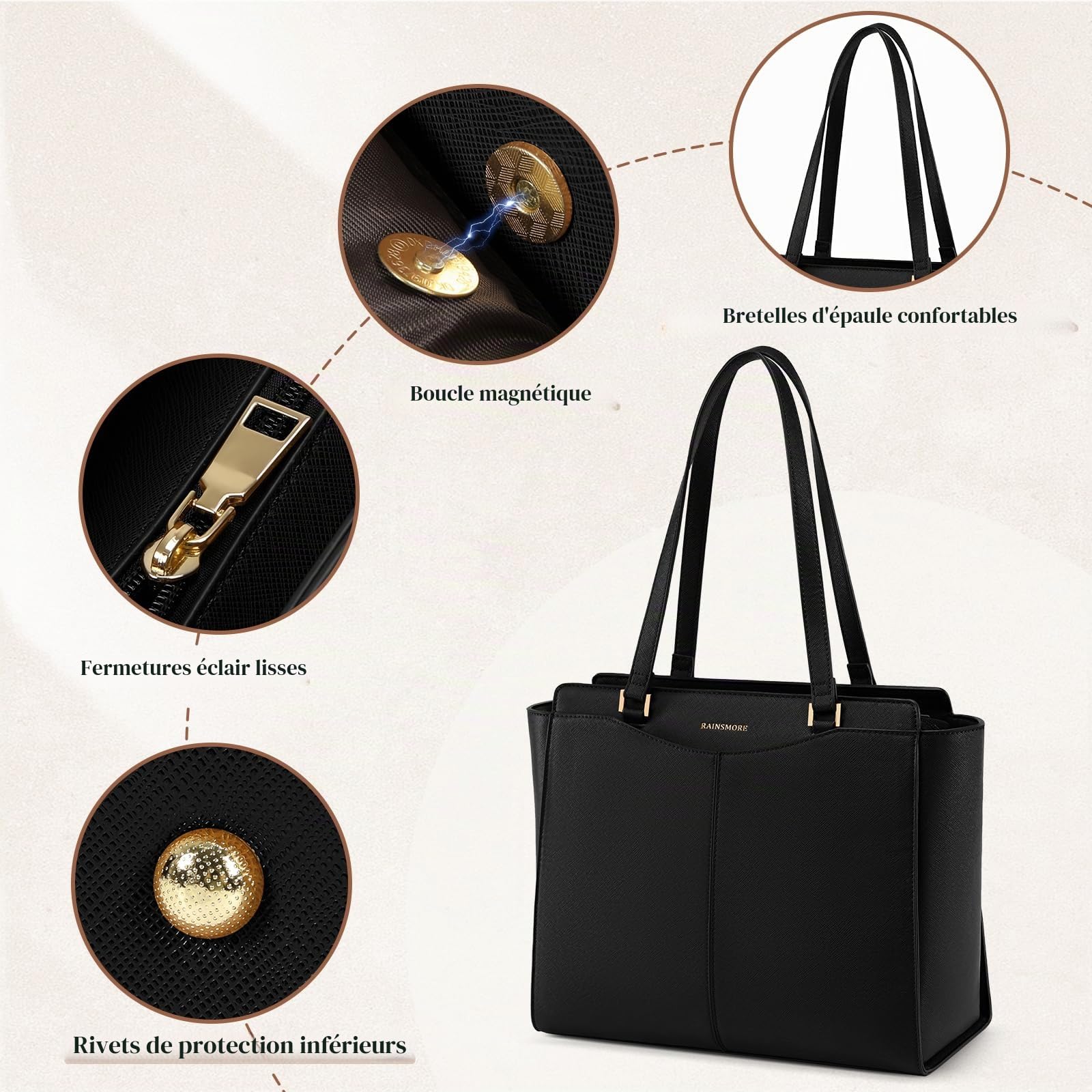 RAINSMORE Sac à Main Femme Grand Sac Cabas Imperméable Sacs Ordinateur Portable 14 Pouces Sacs Fourre-Tout Cuir PU Avec Fermeture Éclair Poche Intérieure Cours Voyage Affaires École