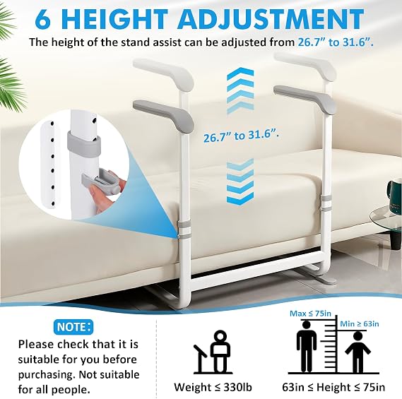 Chair Couch Stand Assist Height Adjustable Chair Couch Lift Assist for Elderly Sit to Stand Mobility Standing Aid Rail for Couch Sofa Chair Toilet Bed Loading 330 lbs
