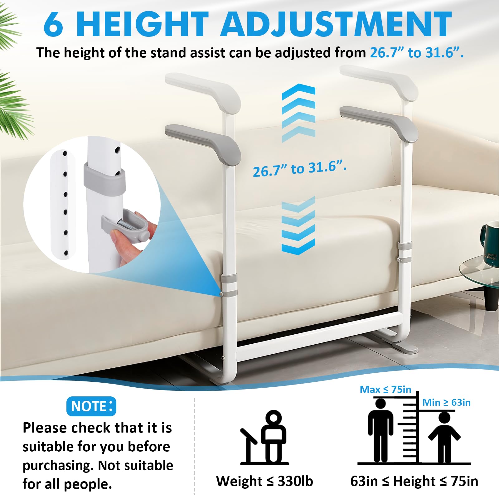 YUCHENGTECH Supporto per anziani, altezza regolabile fino a 150 kg | Sedia in piedi con maniglie antiscivolo, per pazienti, anziani e disabili, in acciaio al carbonio