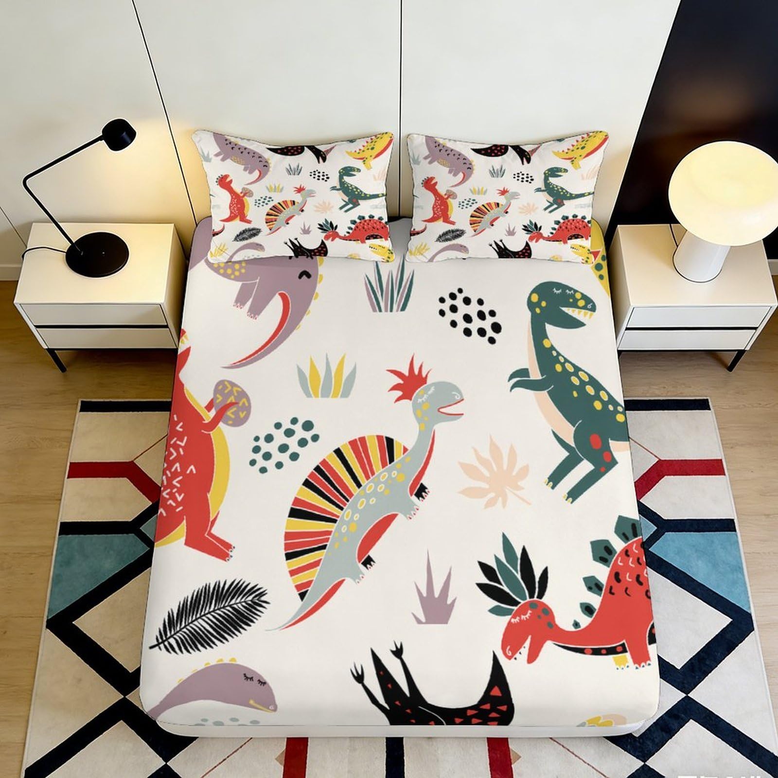 3D Printed Dinosaur Jungle Fitted Sheet Microfiber Colourful Cartoon Mattress Cover for Bedroom Guest Room Decor 90x200x25cm