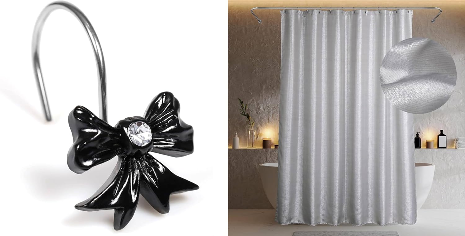 Black Decorative Shower Curtain Hooks&Silver Grey Sparkle Shower Curtain- 72x72 Waterproof Washable Linen Style Fabric Shower Curtain - 12 PCS Rust Proof Metal Shower Curtain Rings (2 Item Bundle)