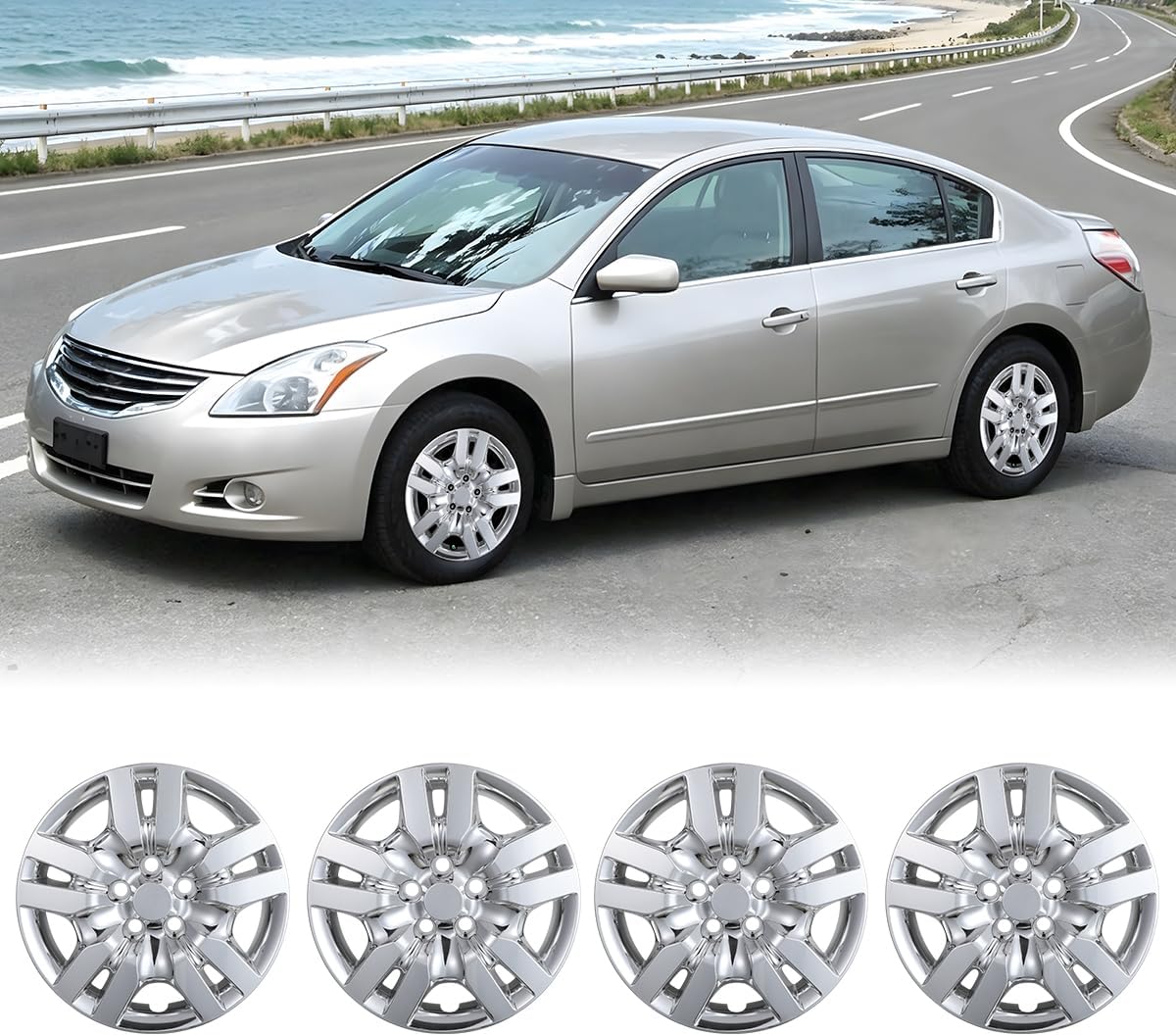 CPW 16" Hubcaps Fit for 2007-2012 Nissan Altima, Wheel Rims Cover Fit for 2008-2009 Nissan Altima Coupe, PP Material Hub Caps Compatible with Steel Wheels Set of 4 (16''-Chrome)