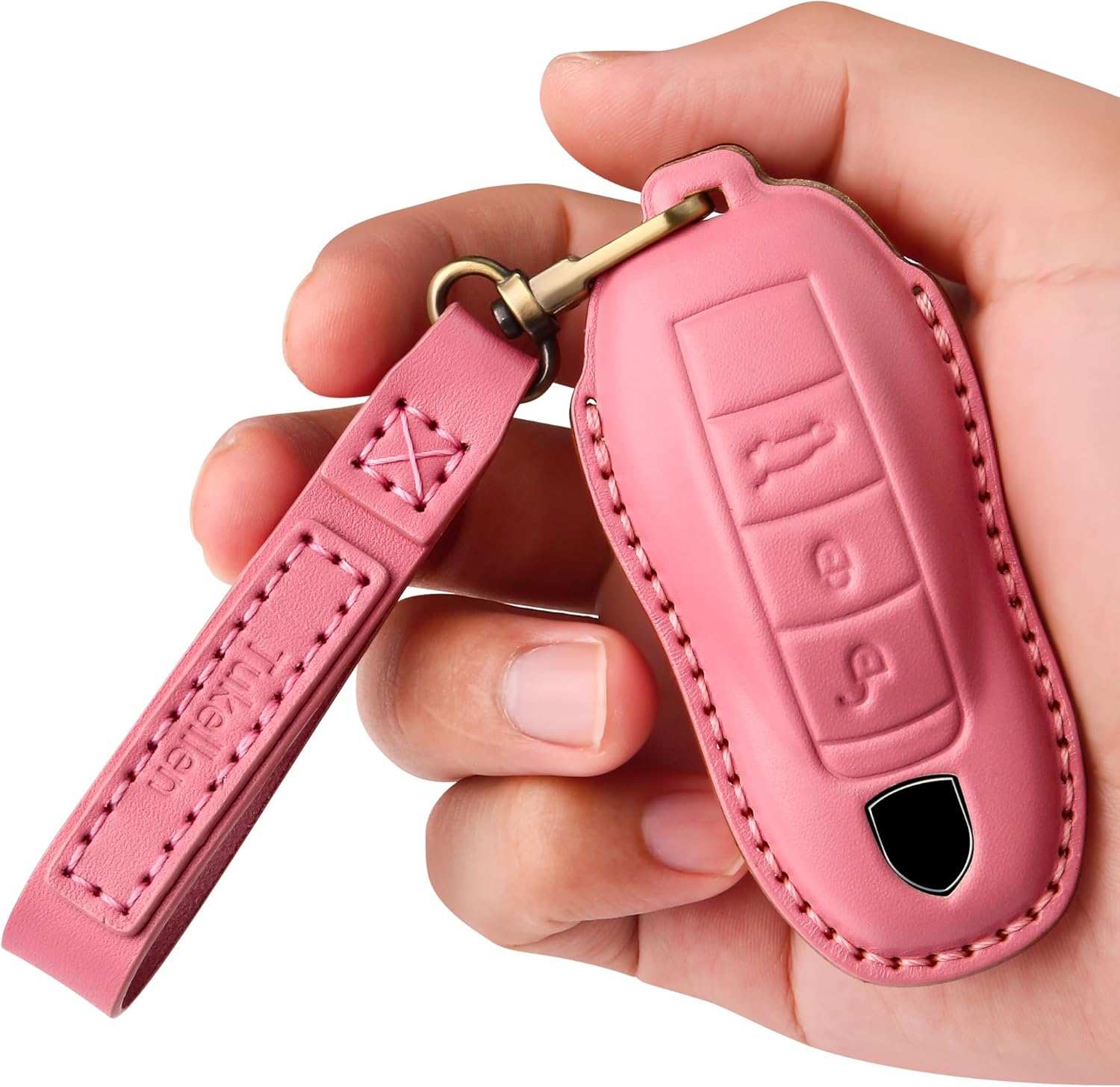 Tukellen for Porsche Leather Key Fob Cover with Keychain Key Shell Compatible with Panamera, Macan, Cayenne, 911-Pink