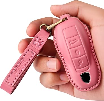 Tukellen for Porsche Leather Key Fob Cover with Keychain Key Shell Compatible with Panamera, Macan, Cayenne, 911-Pink