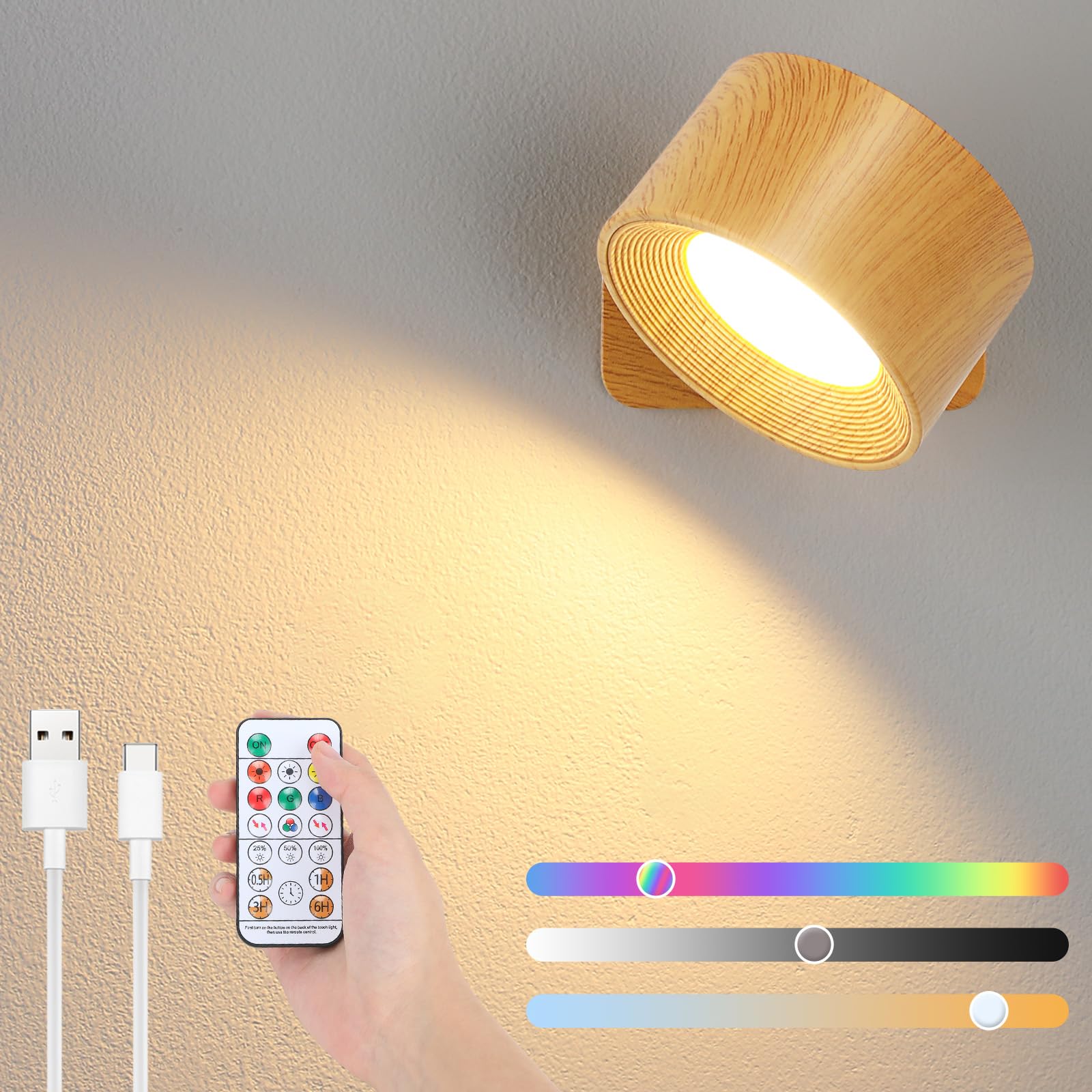 Lightess Lampara de Pared Sin Cables, RGB Luces Magneticas Pared Recargables Batería Aplique Pared de Madera de Control Remoto Táctil Luz Ajustable de Temperatura de 3 Colores Rotación de 360 ° Luz