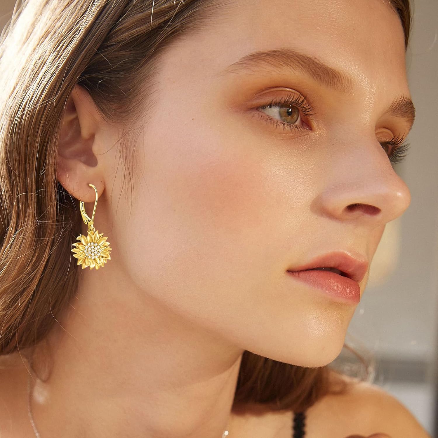 Diamond Sunflower Dangle Earrings for Women, 18K Gold Plated Sterling Silver You Are My Sunshine Sunflower Earrings Jewelry Anniversary Mother's Day Jewelry Gifts for Her, Mom, Wife - Image 2