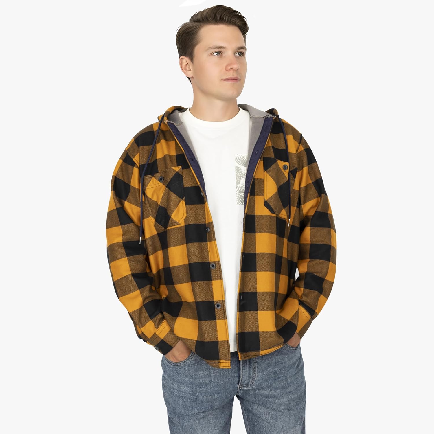WHCPCYO Men's Flannel Hoodie Shirts Casual Button Down Plaid Shirt Jackets for Men Long Sleeve Stylish with Hat - Image 2