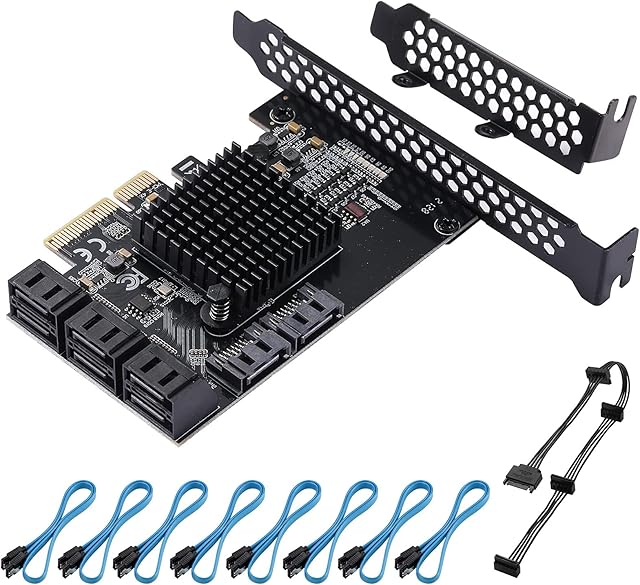 BEYIMEI PCIE SATA Card 8 Port, 6 Gbit/s SATA 3.0 PCI-E Card 4X with 8 SATA Cables, Power Splitter Cable, JMB575 + ASM1166 PCIe to SATA Controller Expansion Card, Non-Raid, Boot as System Hard Drive