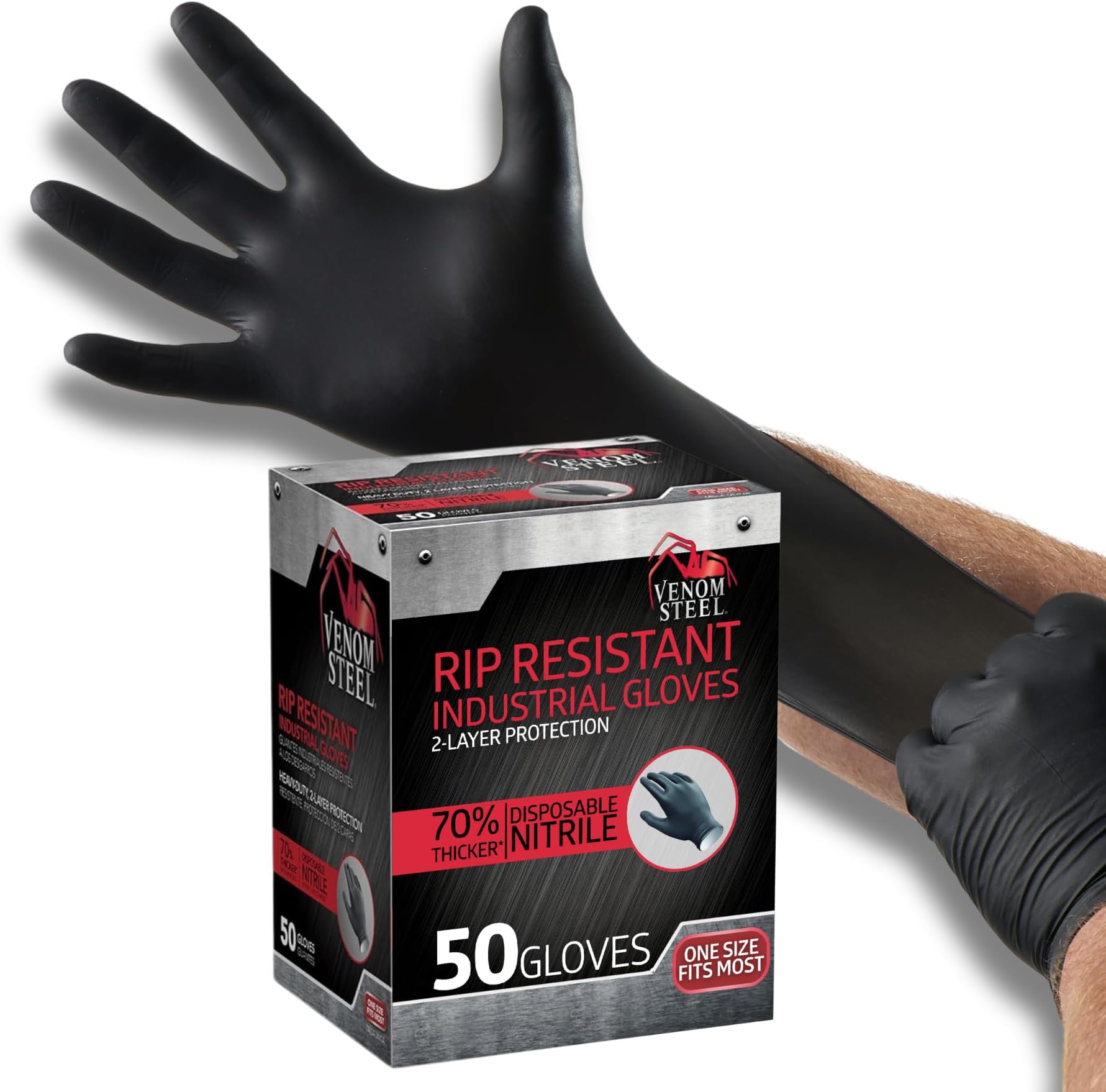 Venom Steel Industrial Nitrile Gloves, Chemical Resistant Disposable Black Gloves, Latex-Free, Powder-Free, Textured Grip, Heavy Duty Two-Layer Protection, 6 mil, One Size Fits Most, 50 Count