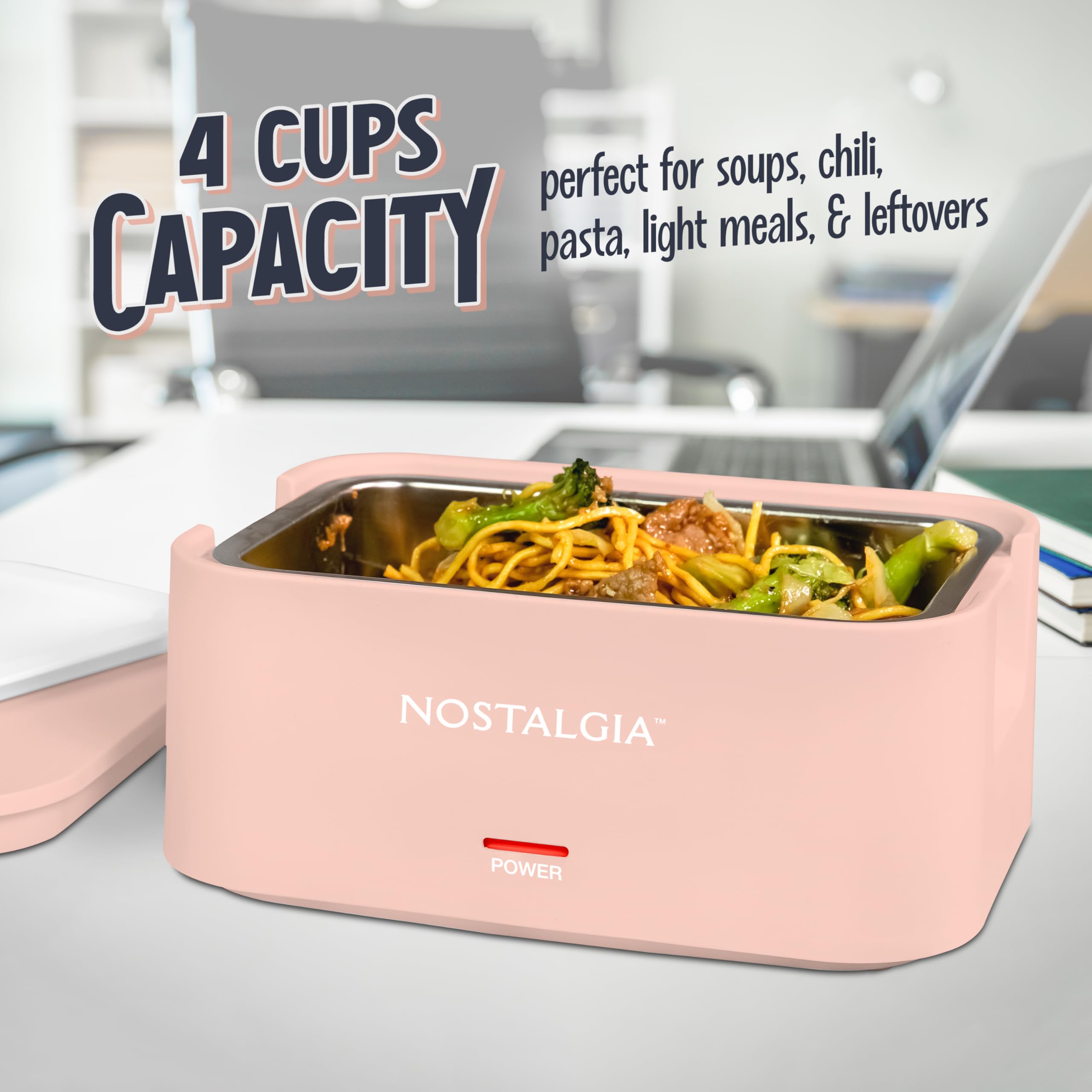 Nostalgia Lonchera portátil con calefacción, calentador de alimentos de acero inoxidable para 4 tazas, cable desmontable, tapa a prueba de fugas, asa de transporte, portátil para el trabajo y viajes