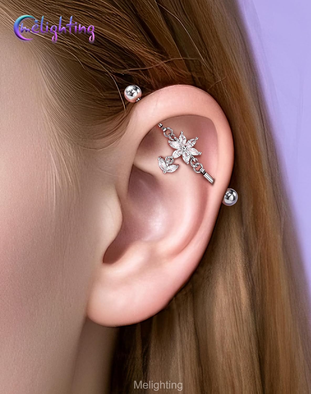 Melighting 14G Flower Industrial Piercing Jewelry, Dangle Industrial Bar Stainless Steel 316L, 38 mm Cartilage Helix Hoop Earring, Marquise CZ Lotus Body Piercing Ring for Women - Image 7