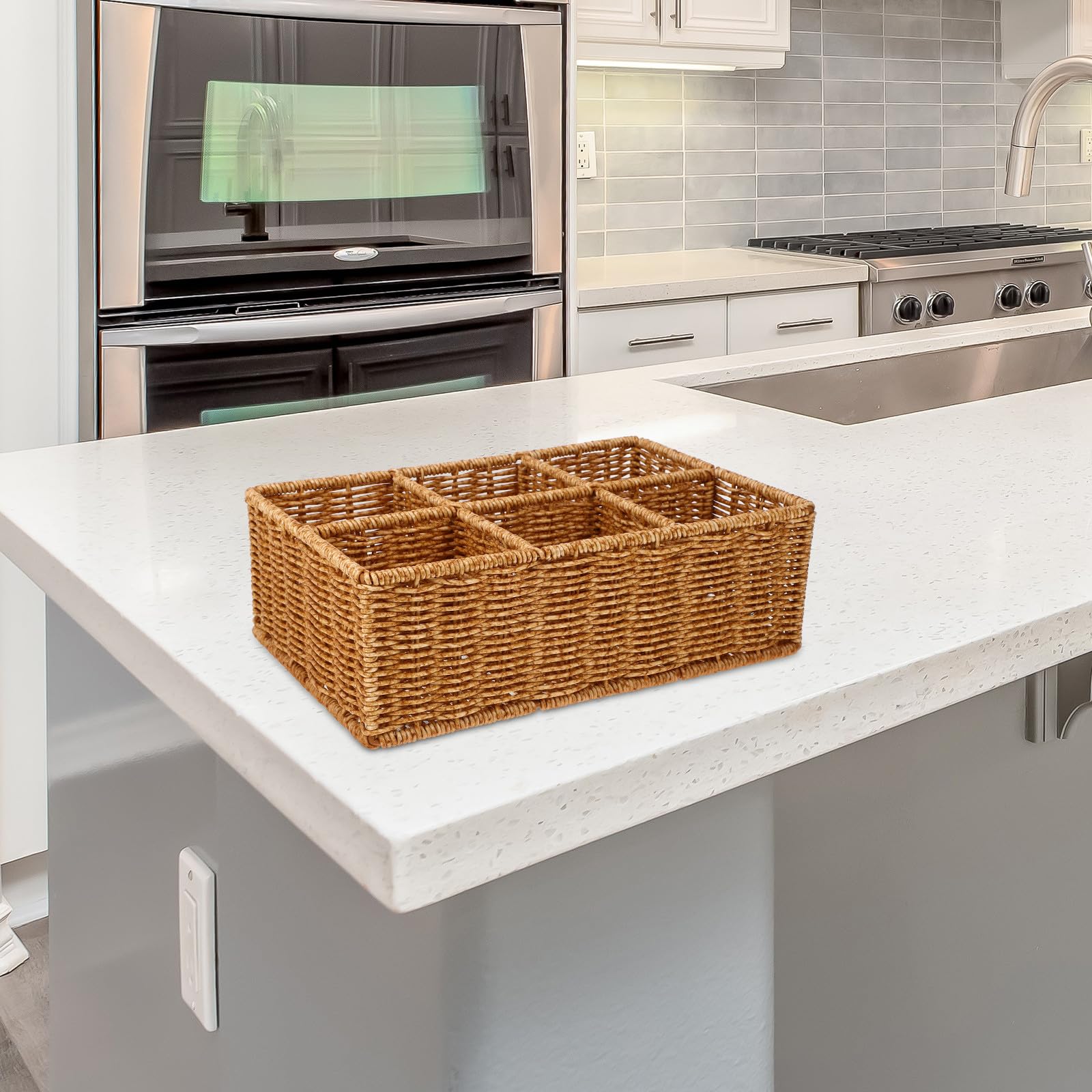MAGICLULU Organizador de Cajón para Cubiertos Pequeño de Ratán Plástico Color Caqui, Cesta de Almacenamiento Multifuncional y Fácil de Limpiar para Cocina y Picnic