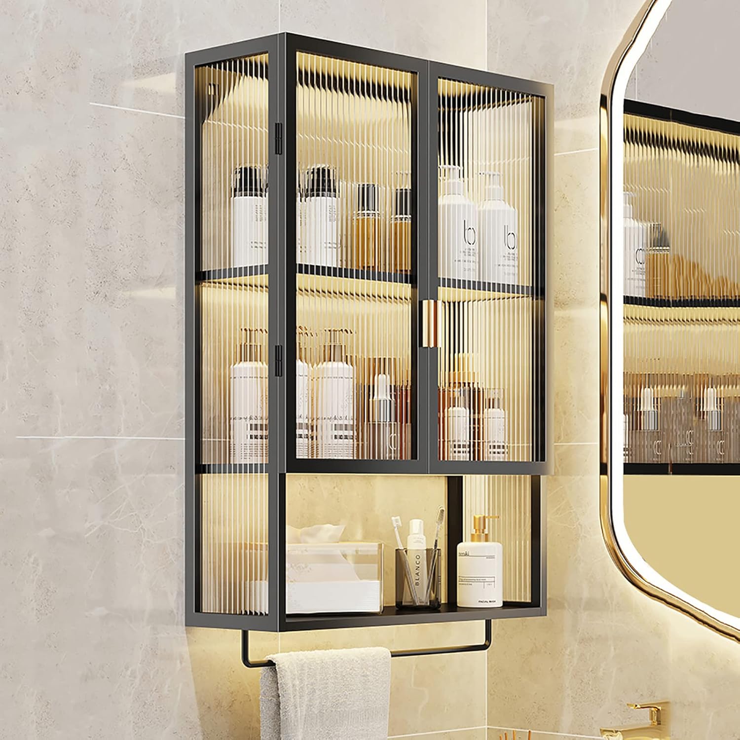 Wall Mounted Bathroom Cabinet with Glass Door - Metal Medicine Cabinet Over Toilet Storage with Towel Bar, Space-Saving Organizer for Small Bathrooms, Stylish & Functional