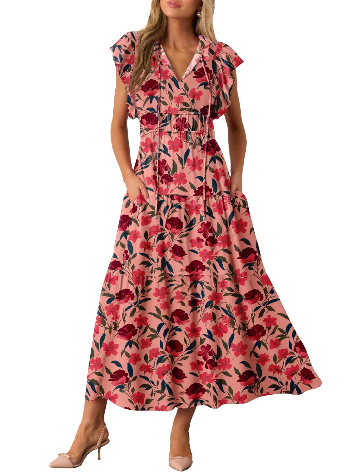 BLENCOT Womens Floral Maxi Dresses Casual Flowy Boho Dresses Summer Ruffle Short Sleeve V Neck Dress with Pockets