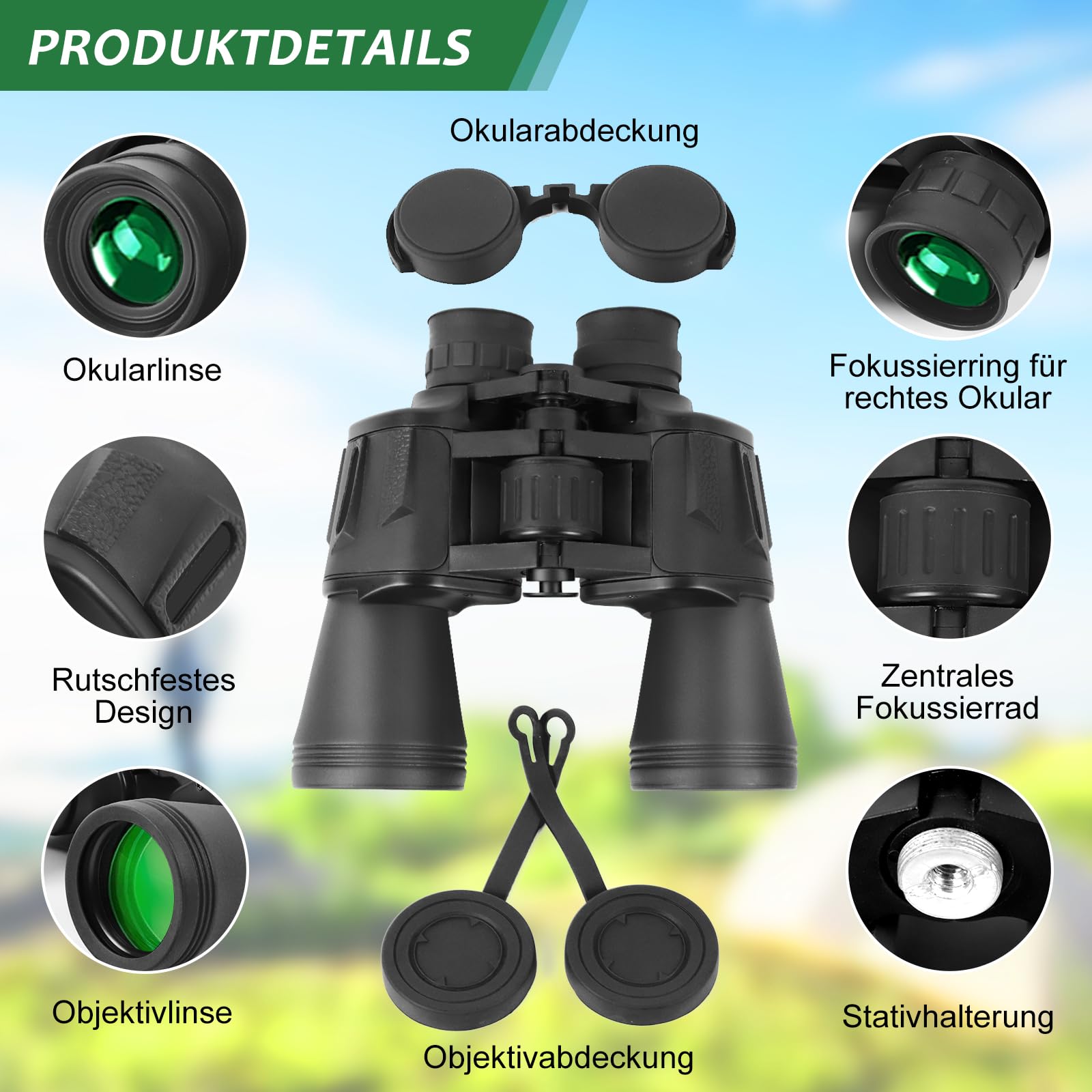Fernglas für Erwachsene 20x50, Stabiles Fernglas mit Smartphone Adapter für Vogelbeobachtung, Jagd, Outdoor, Reisen & Natur, Kompakt Leicht Wasserdichtes Ferngläser Für Brillenträger Geeignet