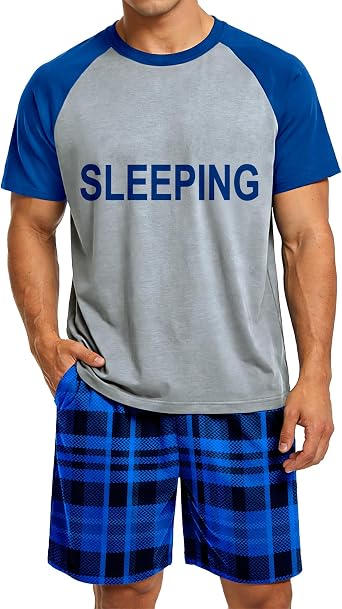Mens Pajamas Set Summer Pjs Short Sleeve Sleep Set Soft Sleepwear 2 Piece Plaid Loungewear with Pockets M-2XL