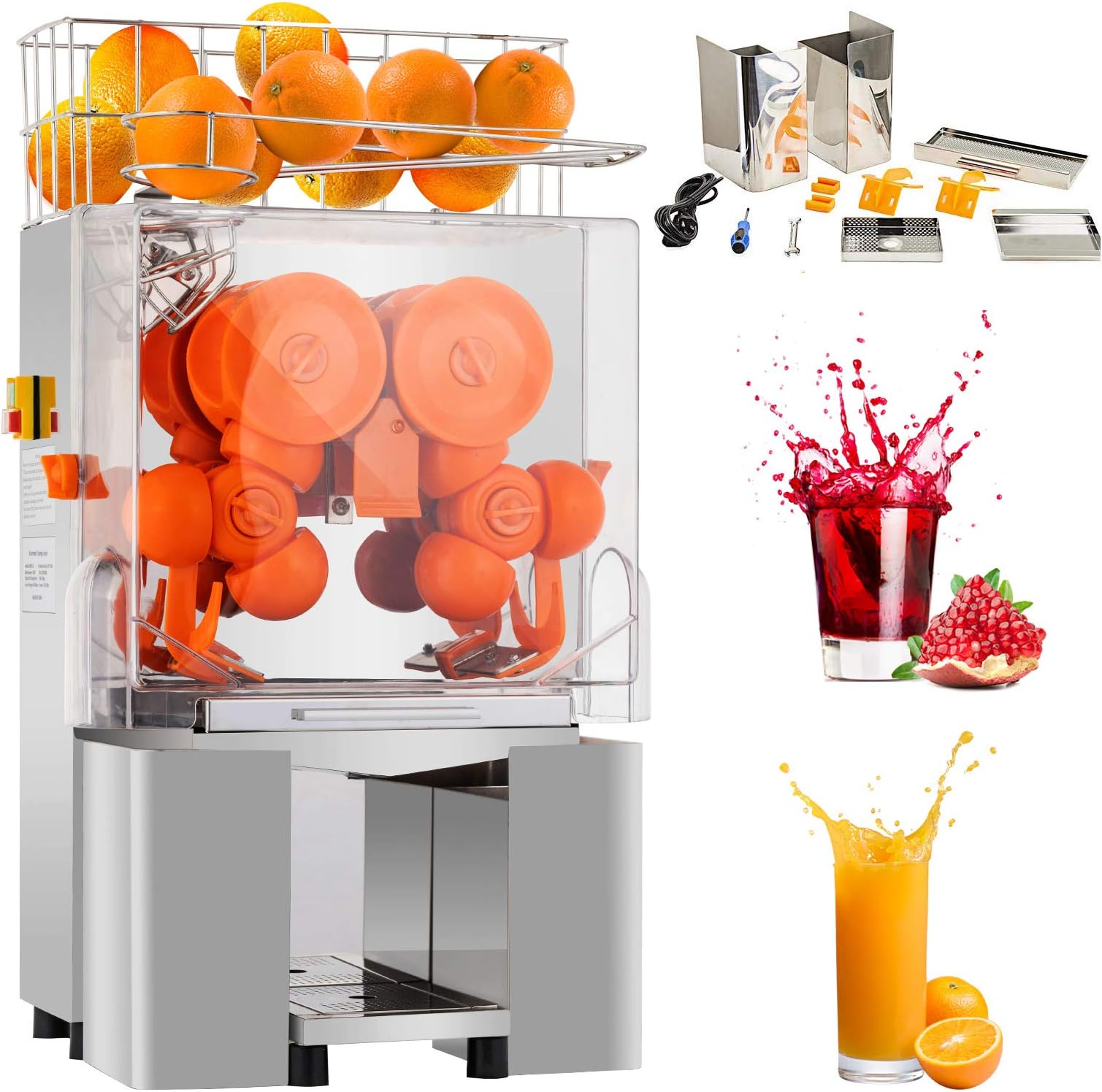 Commercial Orange Juicer Machine 110V/120V Automatic Citrus Juicer Electric Juice Squeezer Lemonade Making Machine Heavy Duty #304 Stainless Steel with Bins, 25-30 oranges per minute