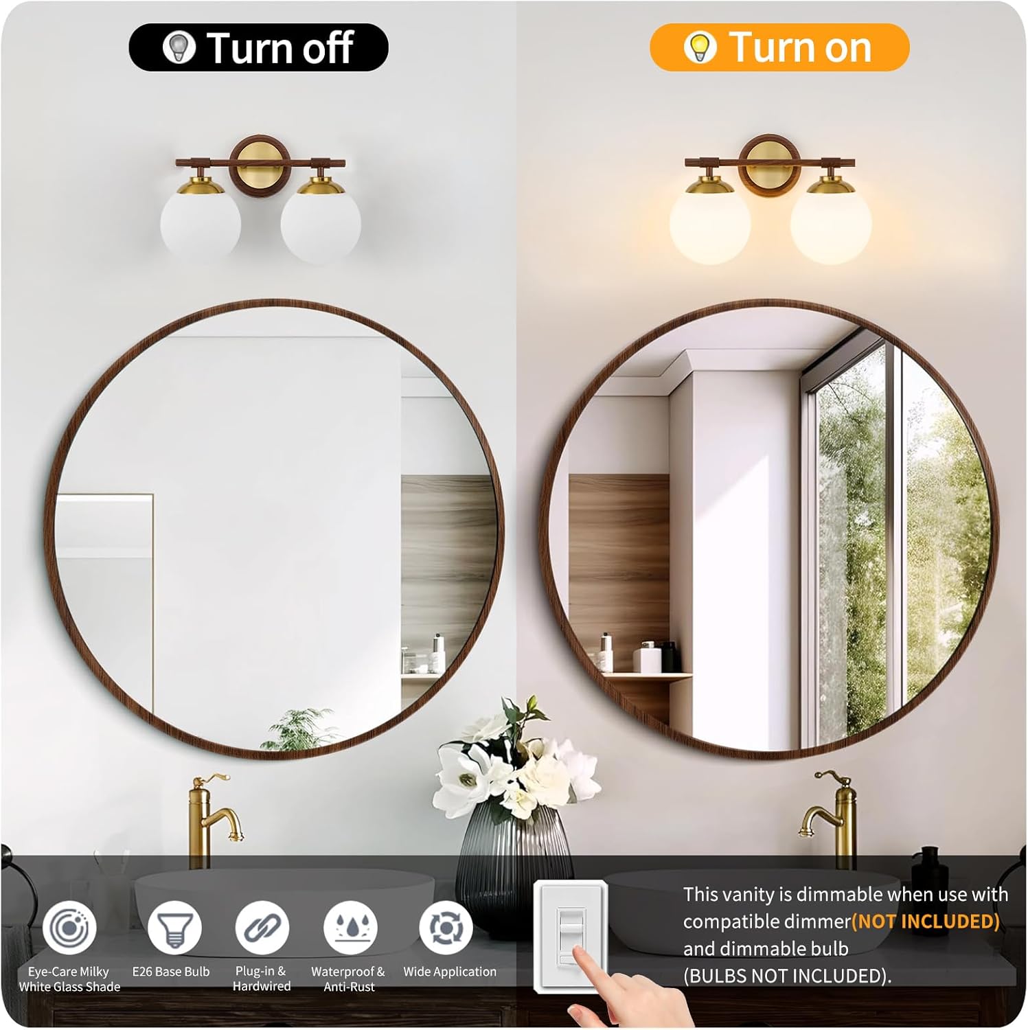 walnut bathroom light fixtures, etl 2 lights vanity lights over mirror with milk glass soft lighting 15 inch bathroom sconces(exclude e26 bulb) walnut 2 lights
