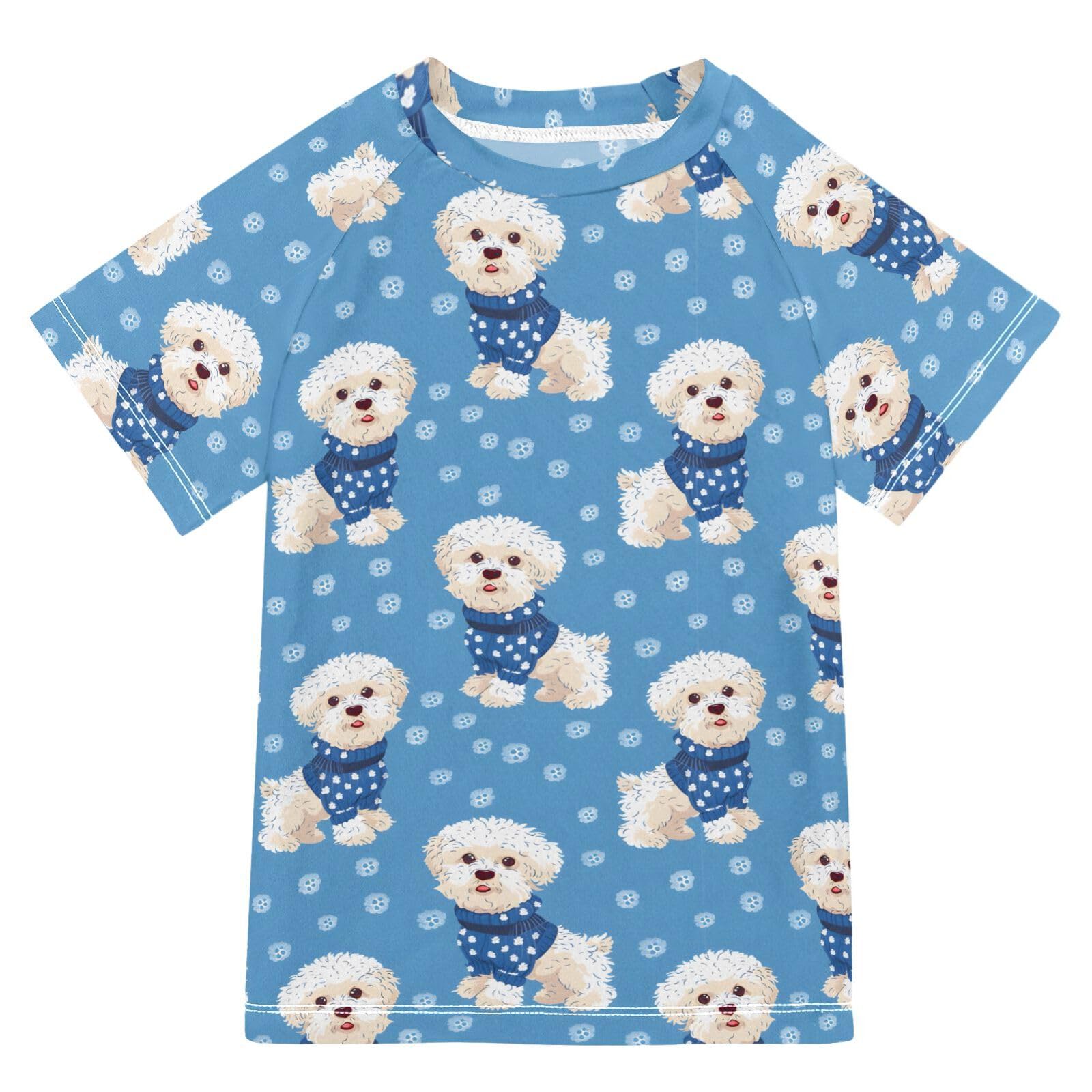 ALAZA Kids Rash Guard Toddler Swim Shirt Boy Girls White Blue Dog UPF 50+ Short Sleeve 4T