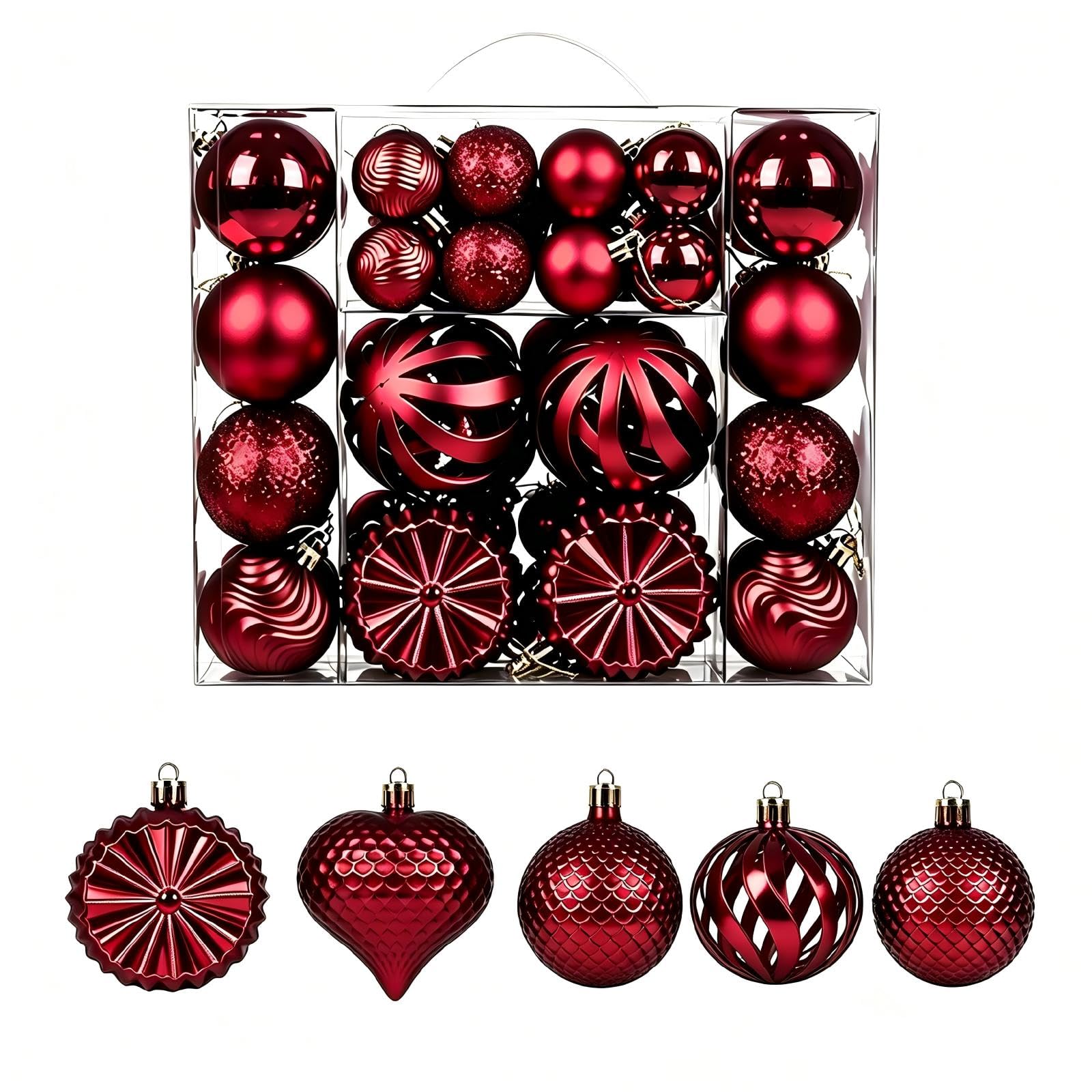 48 Pcs Christmas Balls Decoration, Red 4-6-8cm Multiple Styles Shatterproof Christmas Baubles Elegant Colours Christmas Ornaments with Hanging Loop for Xmas Tree Home Decorations