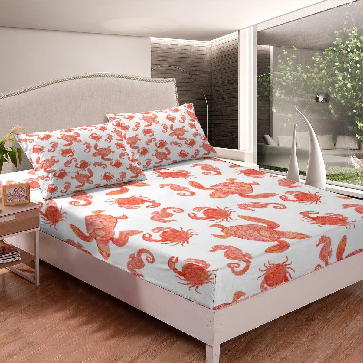 Loussiesd Kids Sea Turtle Fitted Sheet Cartoon Seahorse Crab Bed Sheet Set For Boys Girls Cute Red Ocean Creature Bedding Set Sea Underwater Animal Bed Cover Single Size