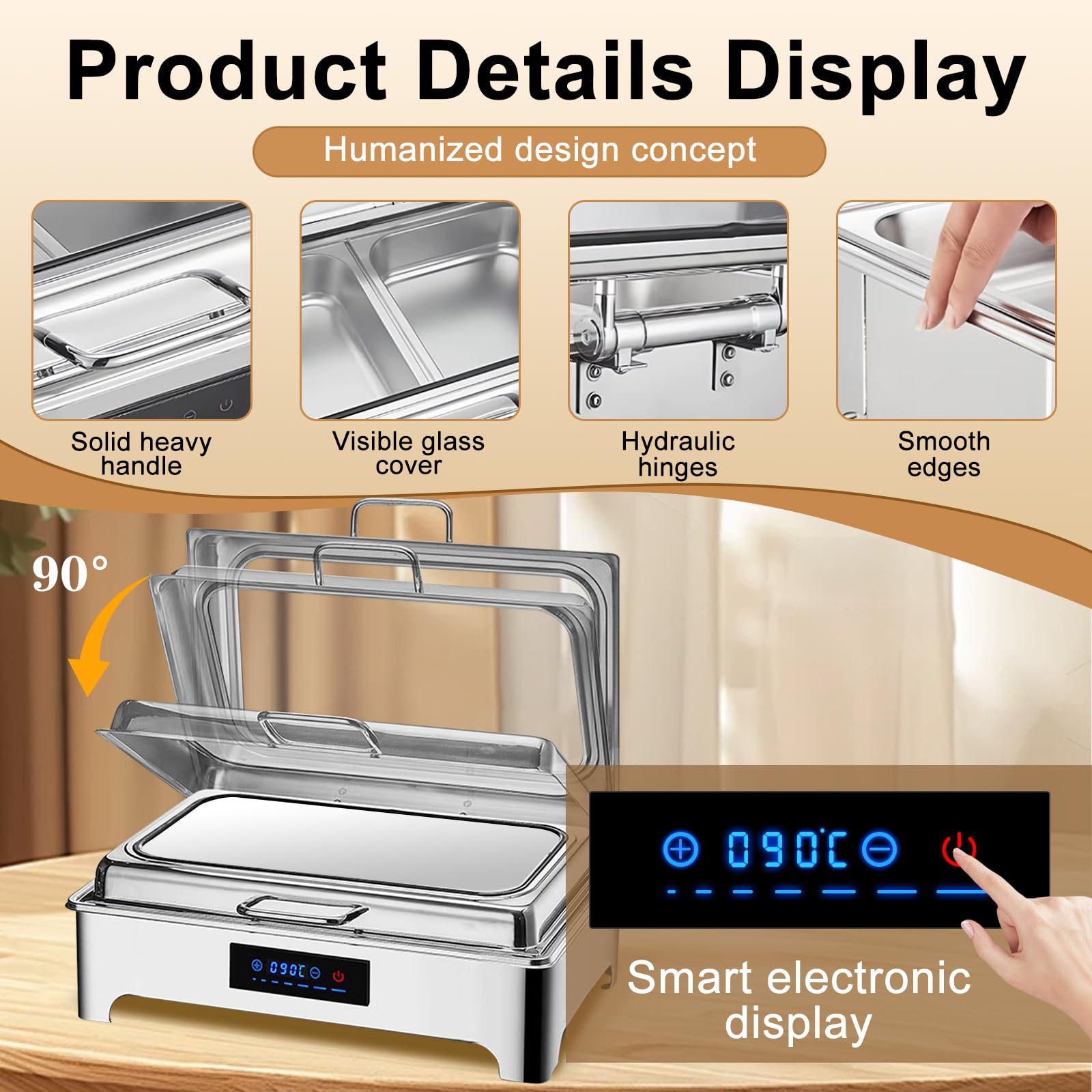 9L Chafing Dish Buffet, Scaldavivande Elettrico Professionale (1/3) | Scaldavivande Elettrico Buffet, Scalda Cibo per Buffet, Ristoranti, Hotel, Feste, Temperatura regolabile da 30-90 °C
