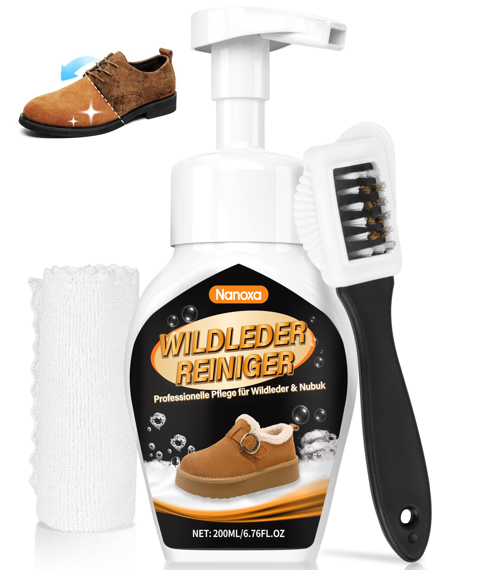 Nanoxa Wildleder Reiniger, Wildleder und Nubukreiniger ohne Ausspülen, Schuhreiniger mit Bürste & Tuch für Schuhe, Sneaker