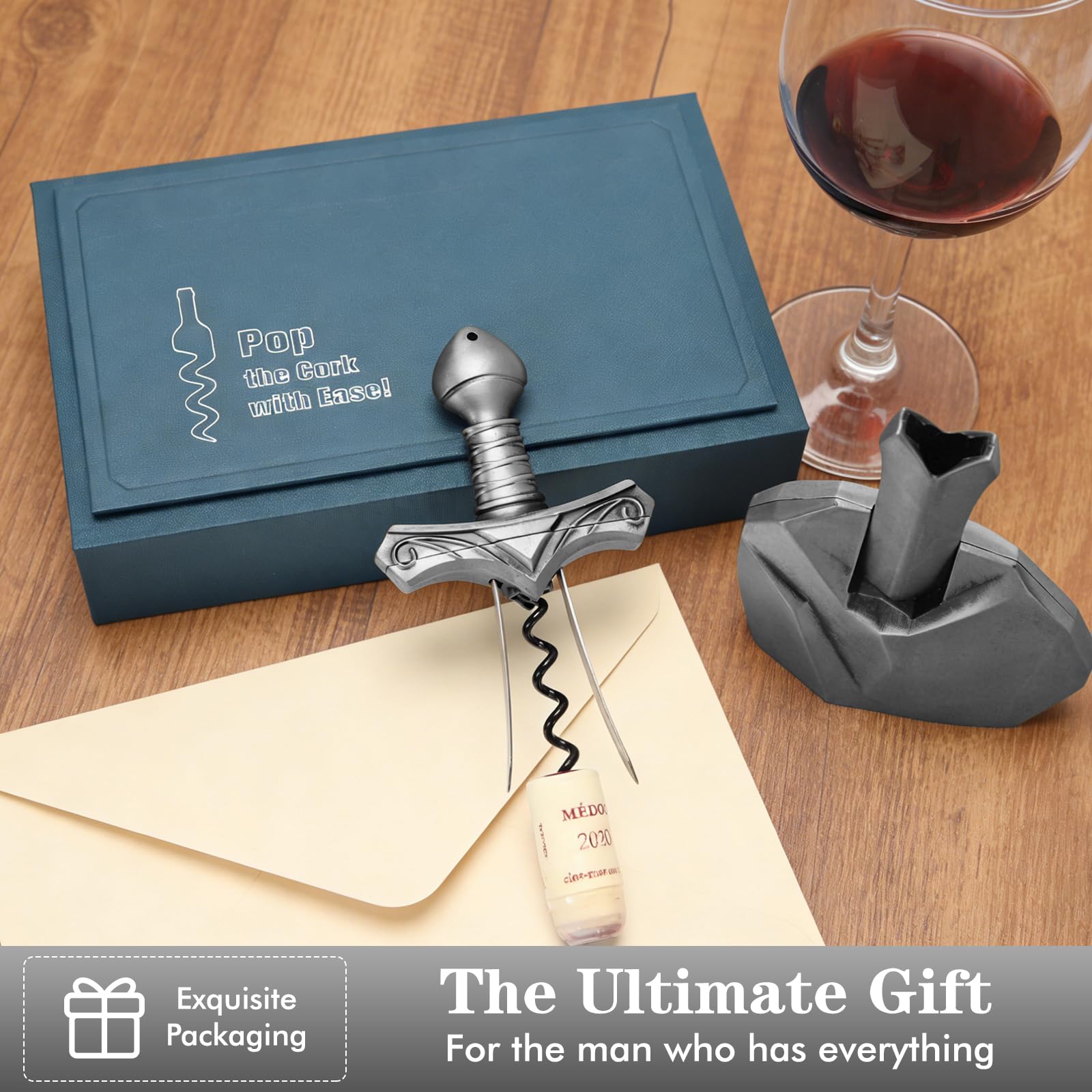 Set apribottiglie design a spada, supporto robusto, delicato su vini vintage e vecchi. 3 in 1 con apribottiglie e tappo richiudibile, perfetto regalo vino in confezione regalo