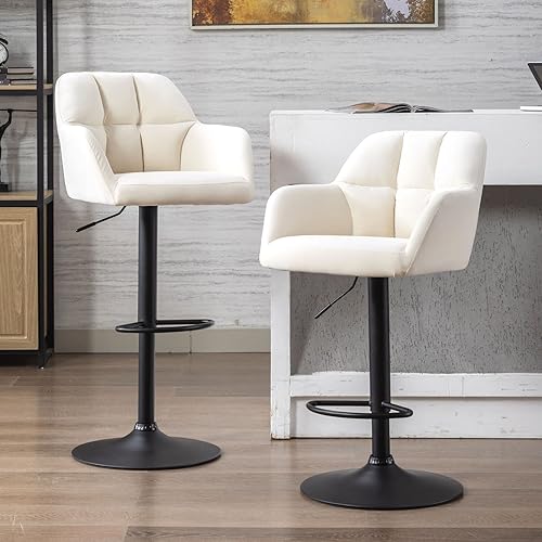 Juego de 2 taburetes de bar giratorios de terciopelo, sillas tapizadas, taburetes de bar ajustables con respaldo, taburetes de bar beige