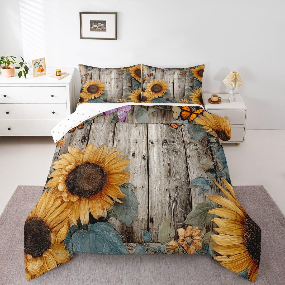 Feelyou Farmhouse Comforter Set Queen Size Sunflower Farm Comforter for Kids Teens Adults Vintage Wood Butterfly Bedding Set Duvet Room Decorations 3Pcs with 2 Pillow Cases