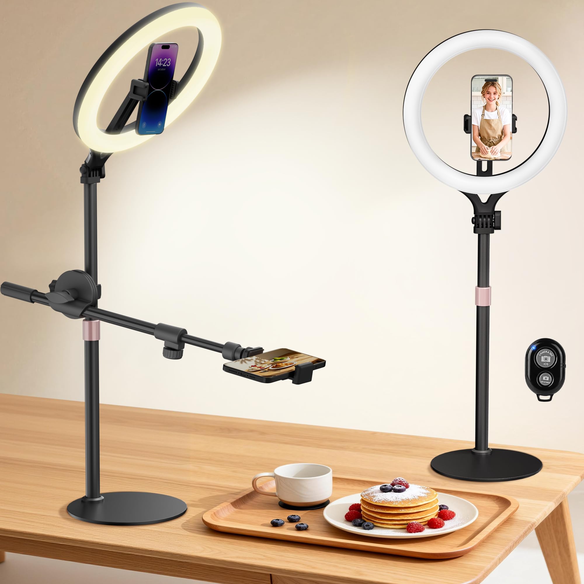 Luce ad anello da scrivania da 28 cm con supporto, supporto per telefono per fotografia alimentare, registrazione video, riunioni zoom, YouTube, TikTok