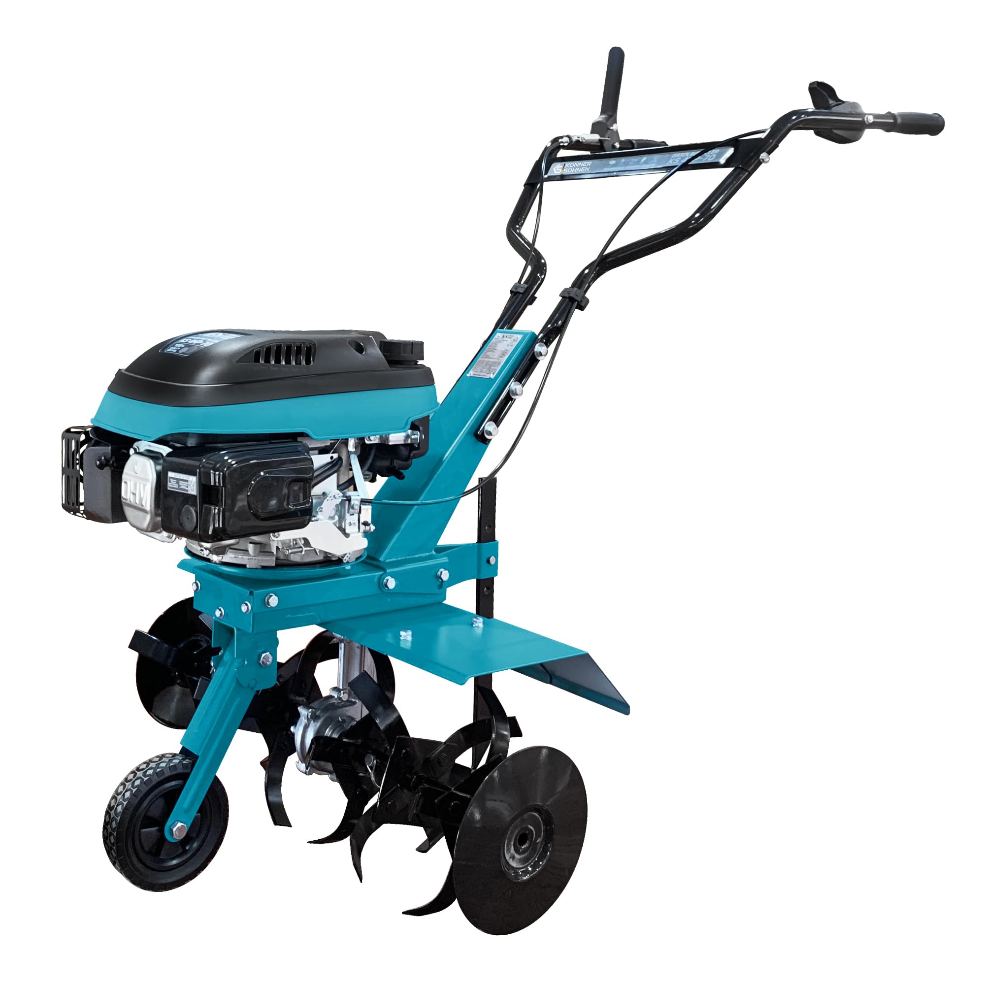Könner & Söhnen KS 4HP-70 Motobineuse à Essence avec entraînement par Courroie, motoculteur avec Fraise Sabre forgée, Largeur de Travail ≤ 70 cm, Profondeur de Travail ≤ 27 cm, Puissance du Moteur 4