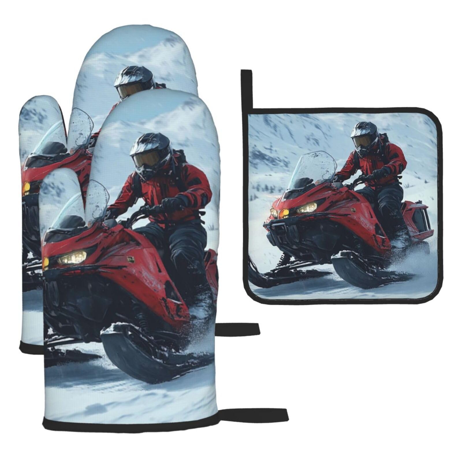 Oven Mitts and Pot Holders Sets of 3 Snowmobile Oven Mitts 3 Pcs Heat Resistant Non Slip Ovens Gloves Hot Pads Kitchen Gloves Potholders for Baking Cooking BBQ Grilling