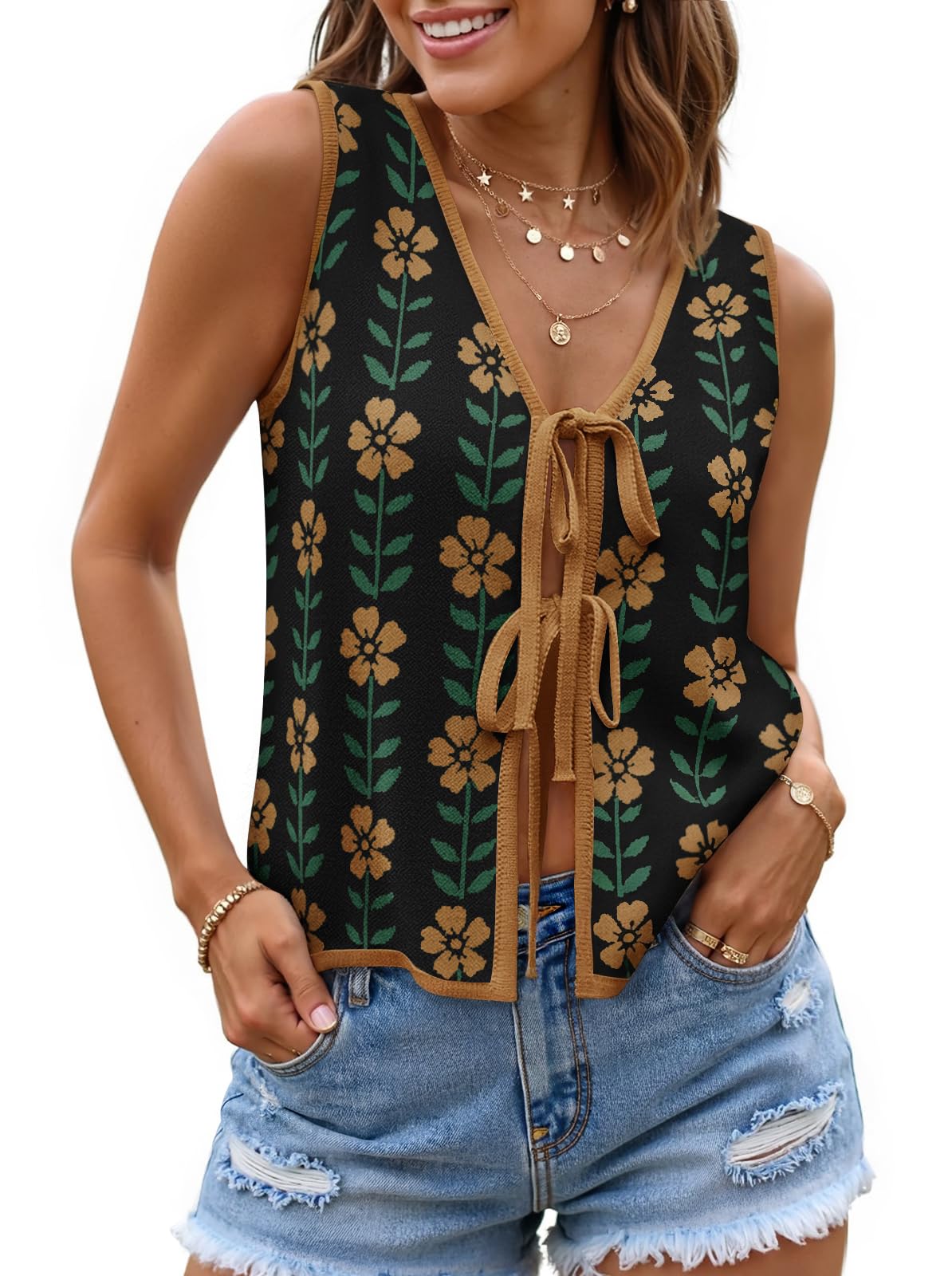 zesica Women's Tie Front Sweater Vest Summer Print Sleeveless Knit Y2k Tank Tops 2026 Trendy Clothes Outfits-picture-33