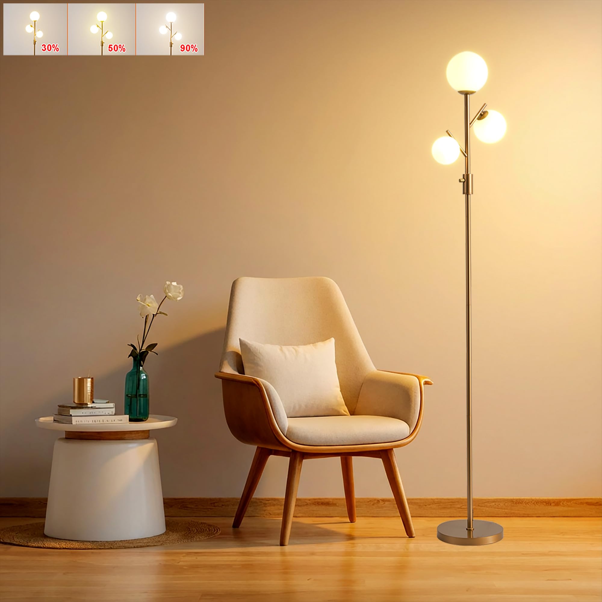 Fiqevs Mid Century Modern 3 Globe Tree Floor Lamp - Dimmable LED Standing Lamp with Bulbs, Warm Light for Living Room Bedroom Office - Antique Brass/Gold