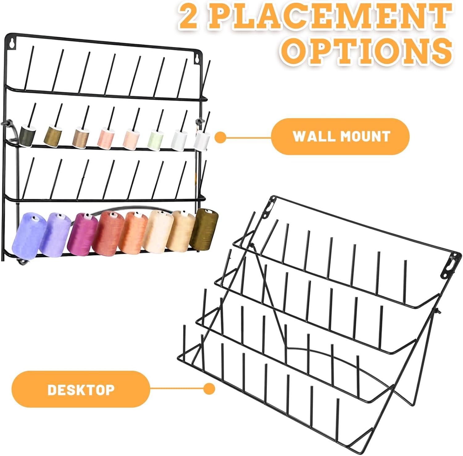 2 Pack Thread Holder Wall 32 Spools Thread Rack, Metal Sewing Thread Rack Wall-Mounted Organizer with Hanging Tools, Large Racks,Tabletop Storage Organizer for Sewing, Braiding, Embroidery