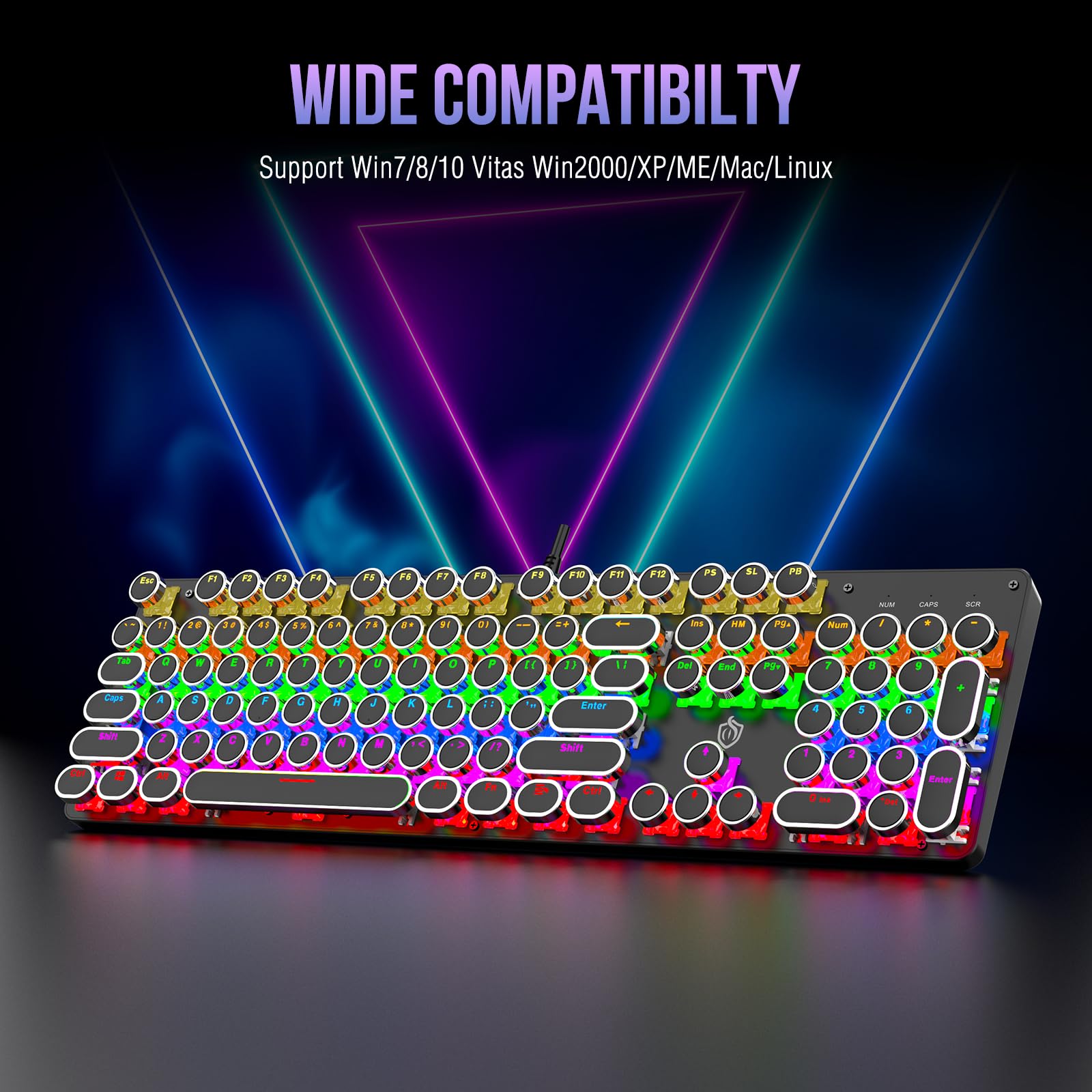 Clavier de jeu mécanique pour machine à écrire avec interrupteurs rouges rétroéclairés à la lumière arc-en-ciel, 104 touches, style machine à écrire filaire confortable Soud (LED noire)