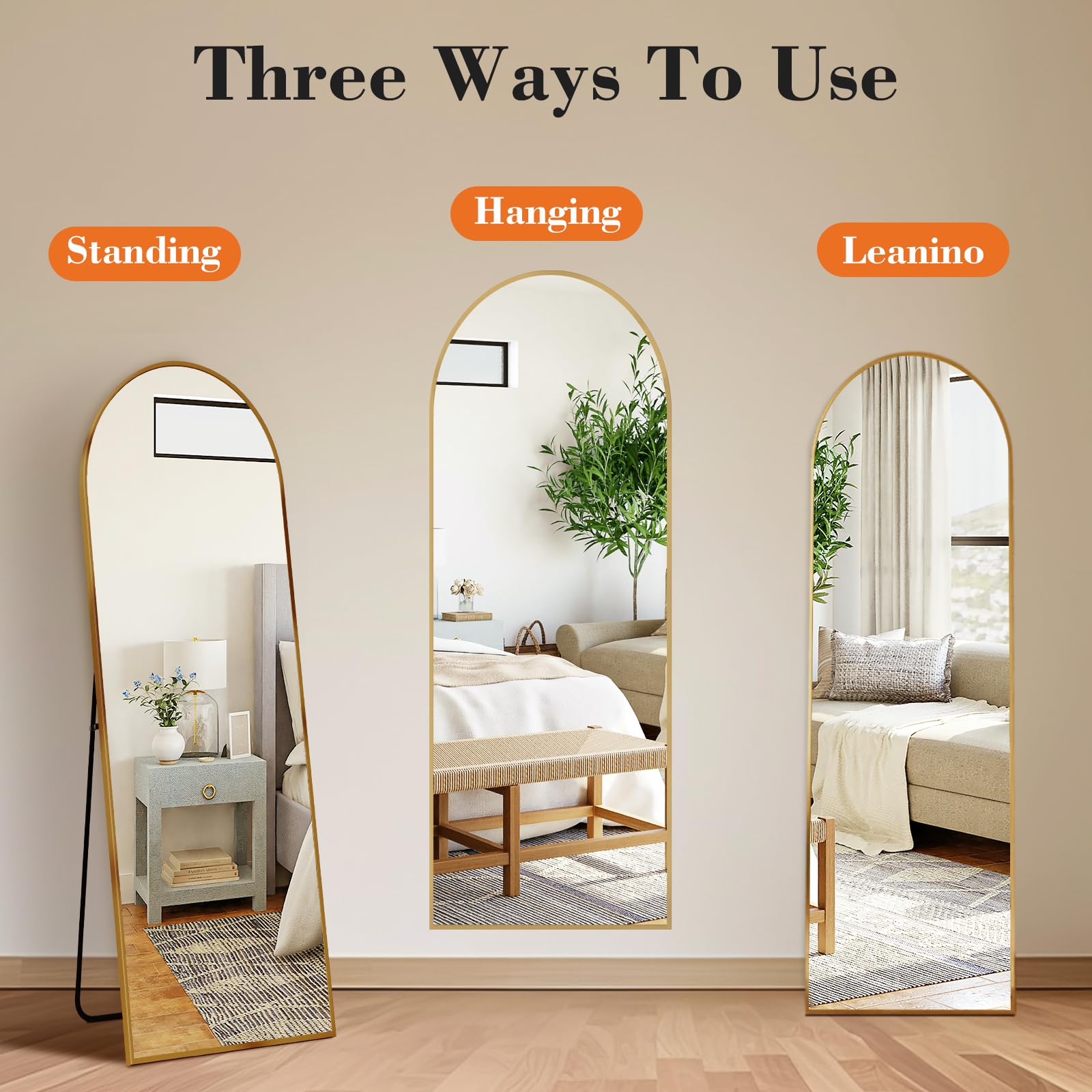 DUMOS Arched Full Length Mirror with Stand Floor Standing Aluminum Frame for Bedroom Body Hanging Leaning Modern Simple Home Decor Shatter-Proorf Nano Glass Wall Living Room Cloakroom Black 59"x16": Gold-rounded 58"L x 19"W