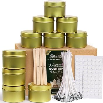 Blingfun 10 Packs 4 oz Candle Tins kit, Candle Making Tins, Candle Jars, 100pcs Candle Wicks, 100pcs Wick Stickers, Candle Containers for Making Candles Golden