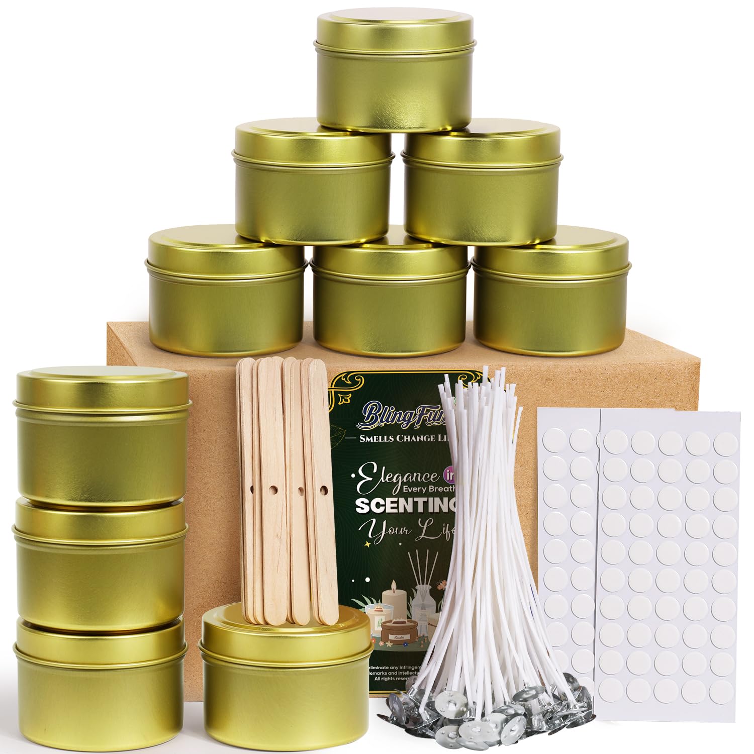 Blingfun 10 Packs 4oz/120ML Candle Tins kit, Candle Making Tins, Candle Jars, 100pcs Candle Wicks, 100pcs Wick Stickers, Candle Containers for Making Candles