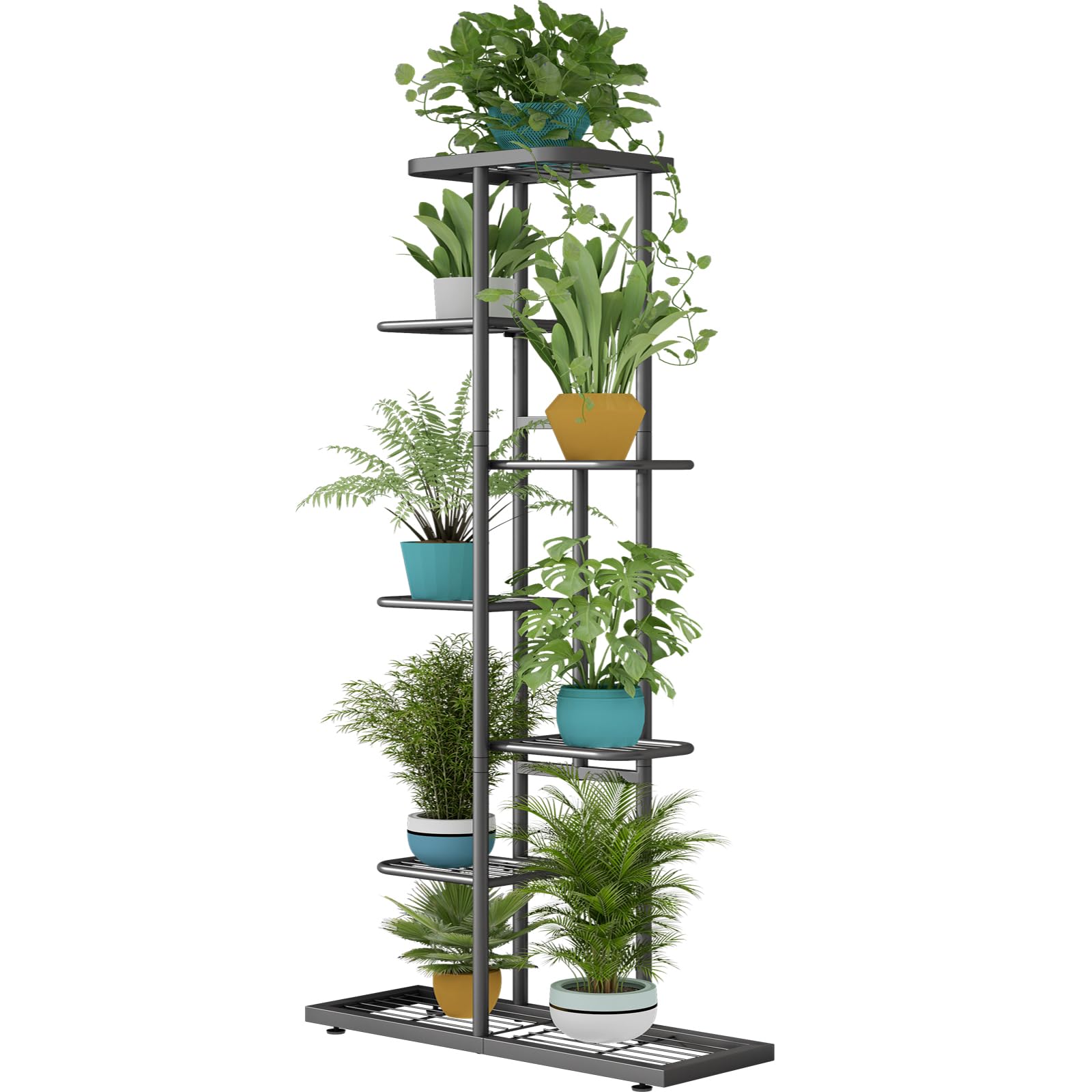 LINZINAR Plant Stand Metal 7 Tier 8 Potted Multiple Flower Pot Holder Shelf Indoor Outdoor Planter Display Shelving Unit for Patio Garden Corner Balcony Living Room, DarkGrey