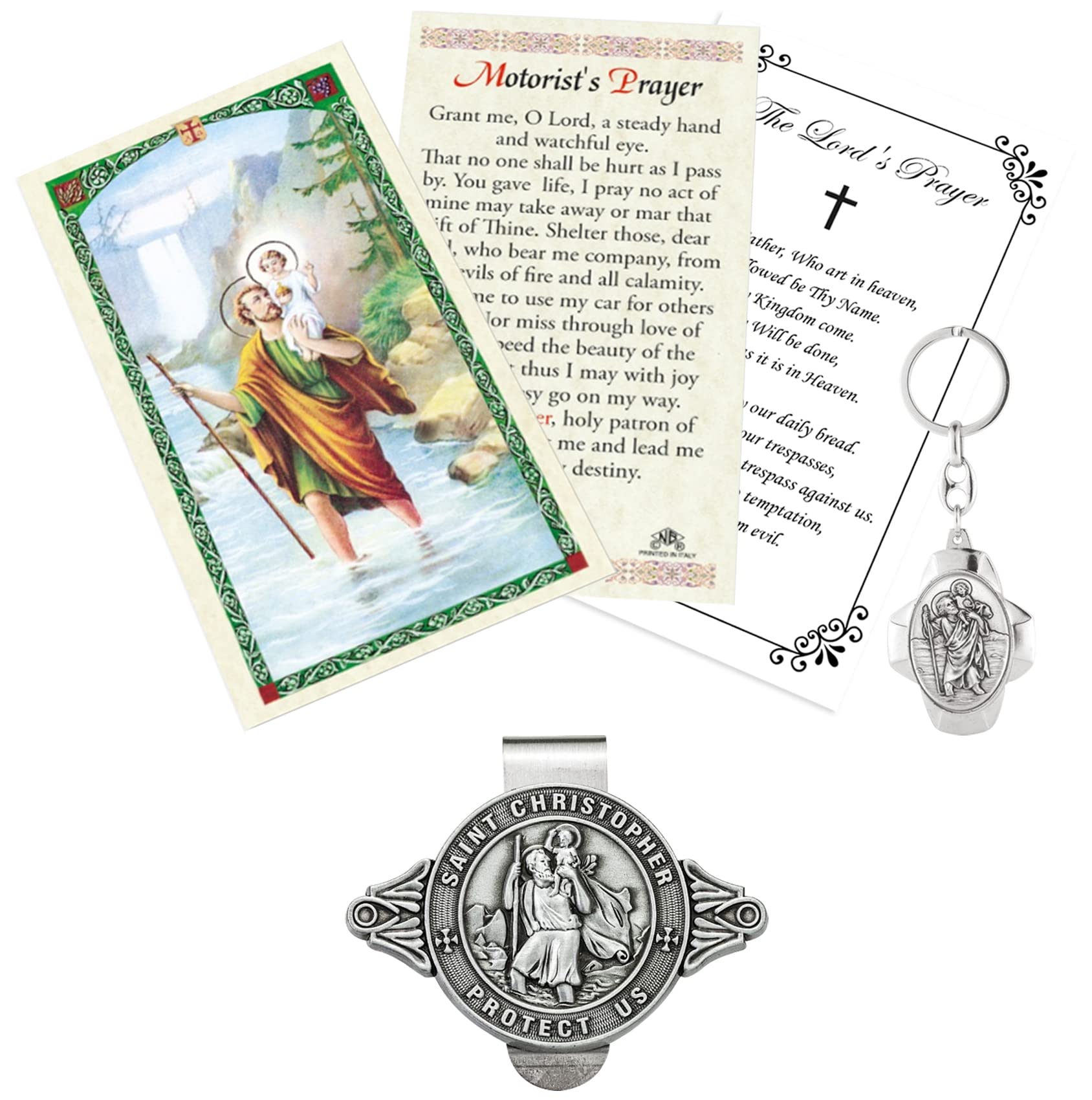 St Christopher Visor Clip Medal for Car - Keychain, Laminated Motorist's Saint Christopher Prayer Card, The Lord's Prayer | Catholic Patron Saint of Travelers, Highway, Road Travel Themed Set, 4 Items
